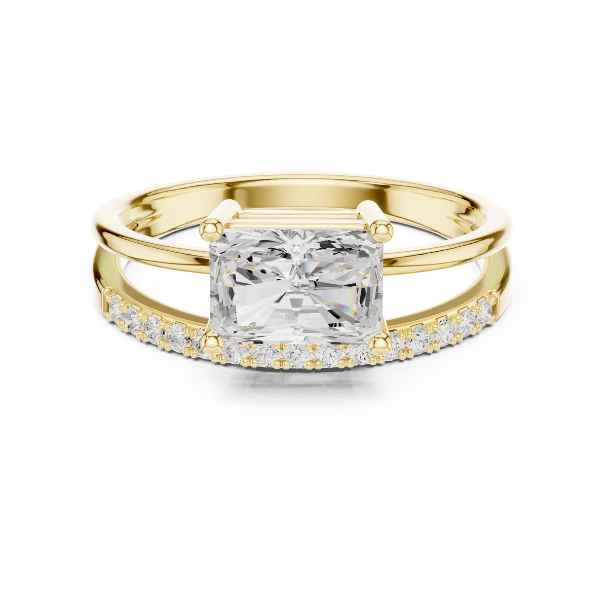 East West Radiant Cut Diamond Split Shank Engagement Ring