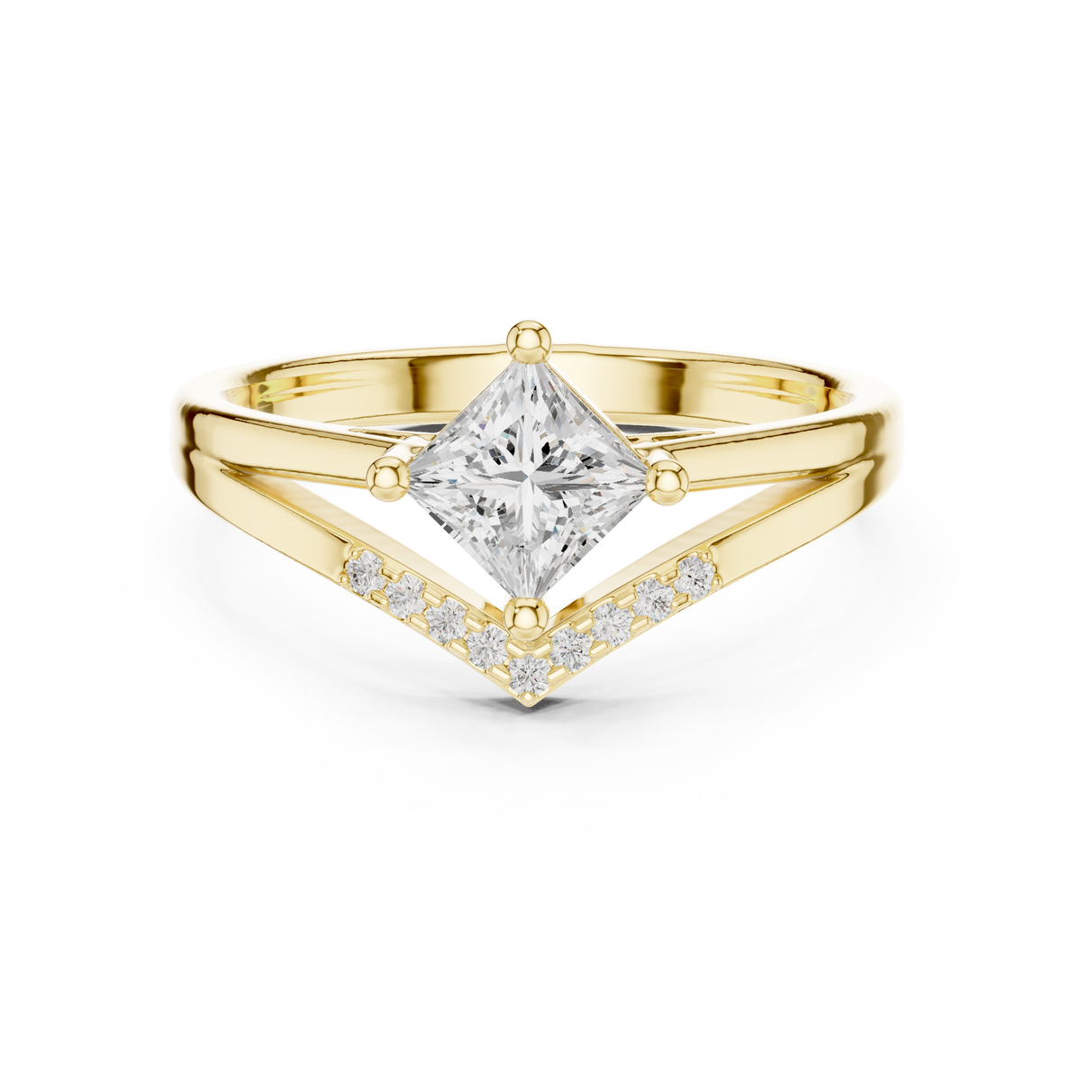 Princess Cut Diamond Ring With Chevron Split Band