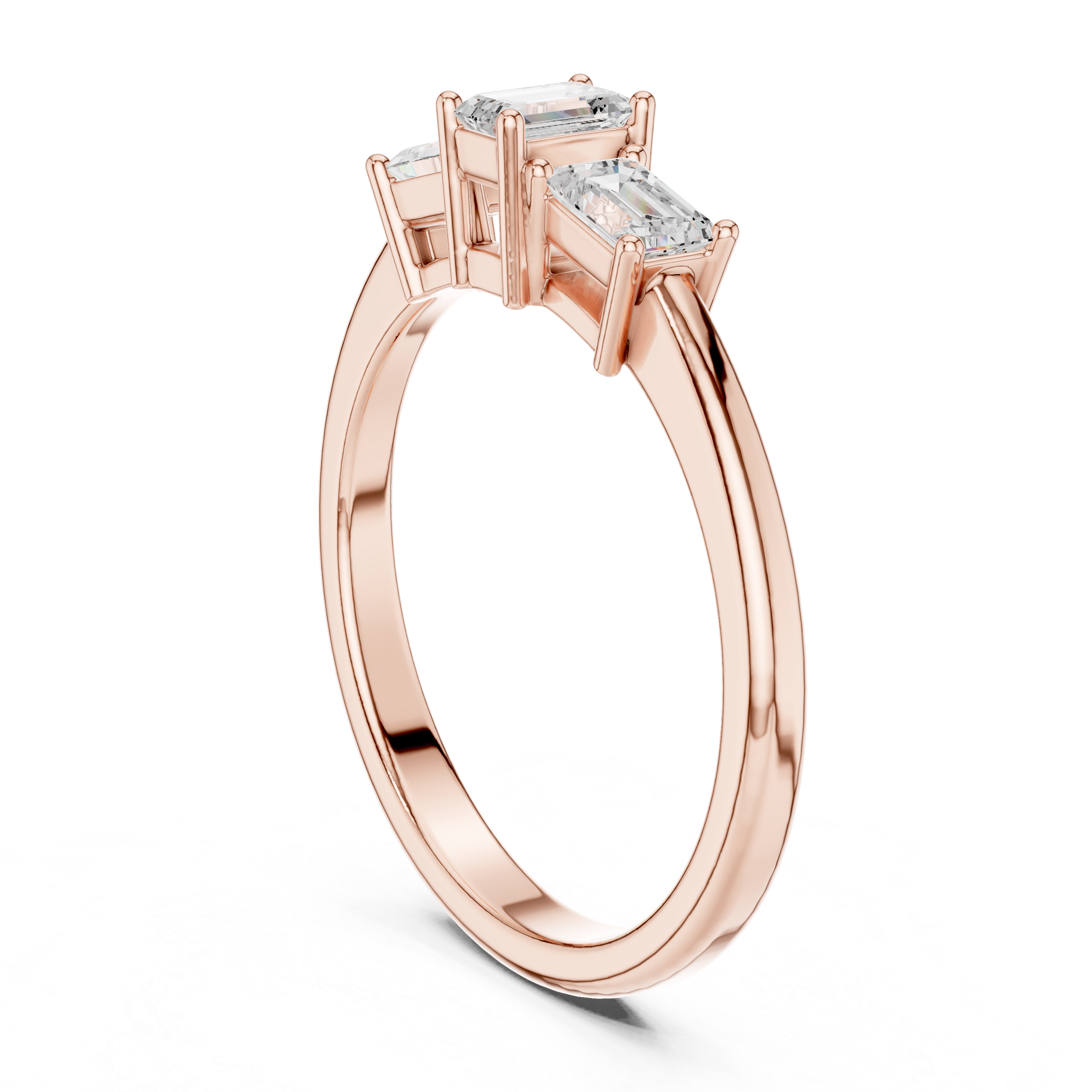 Emerald Cut Trinity Diamond Ring with Tapered Basket Setting