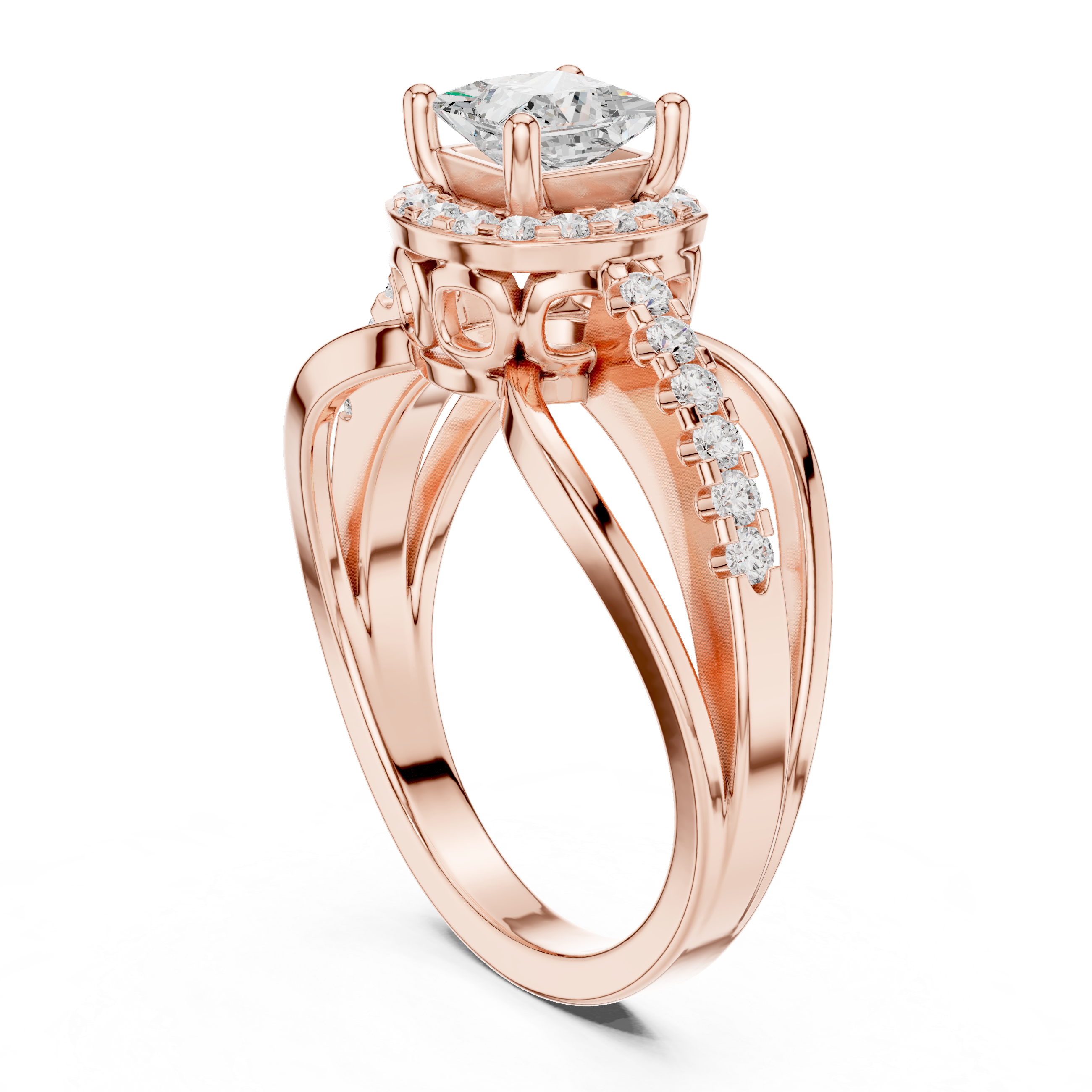 Princess Cut Halo Diamond Split Shank Pave Engagement Ring