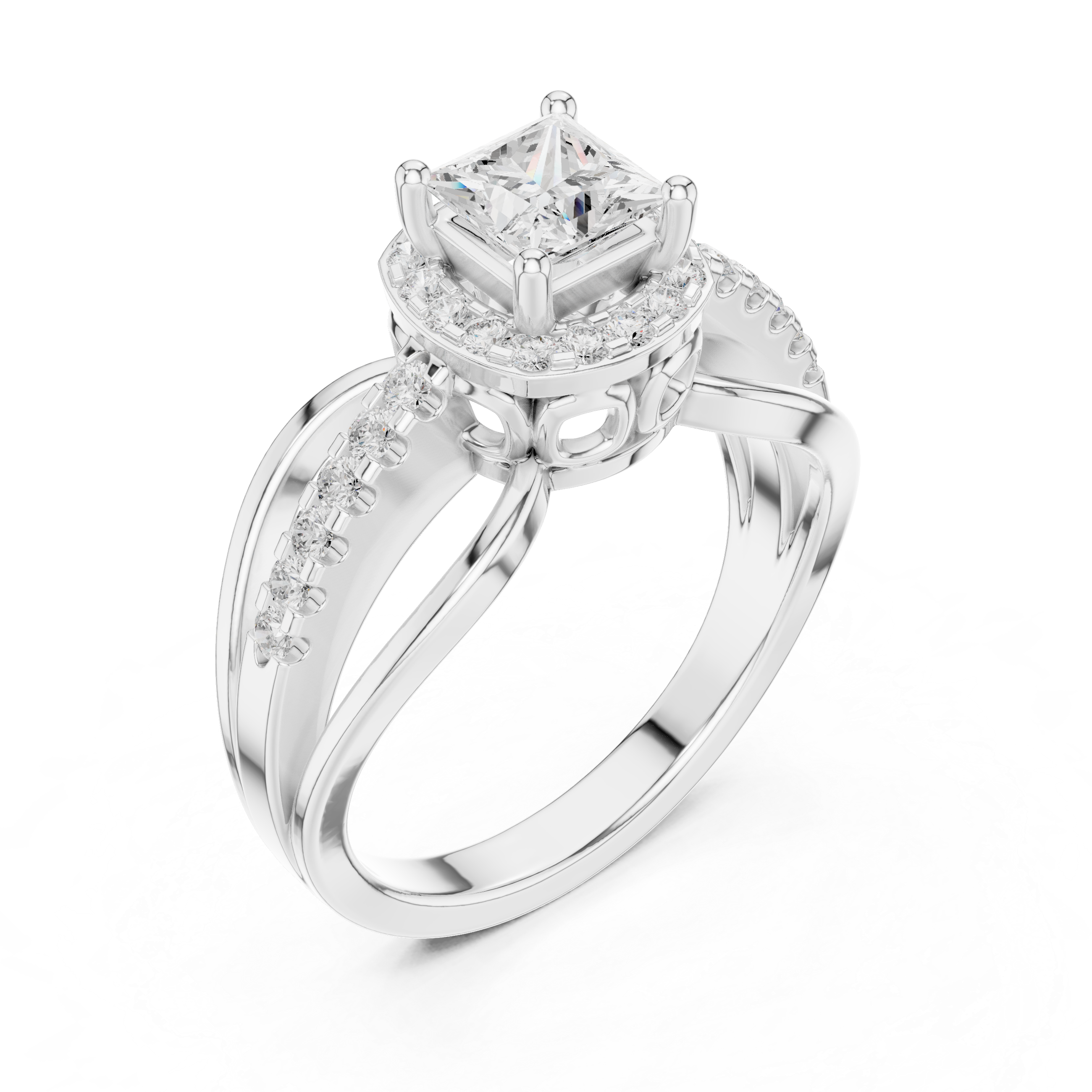 Princess Cut Halo Diamond Split Shank Pave Engagement Ring