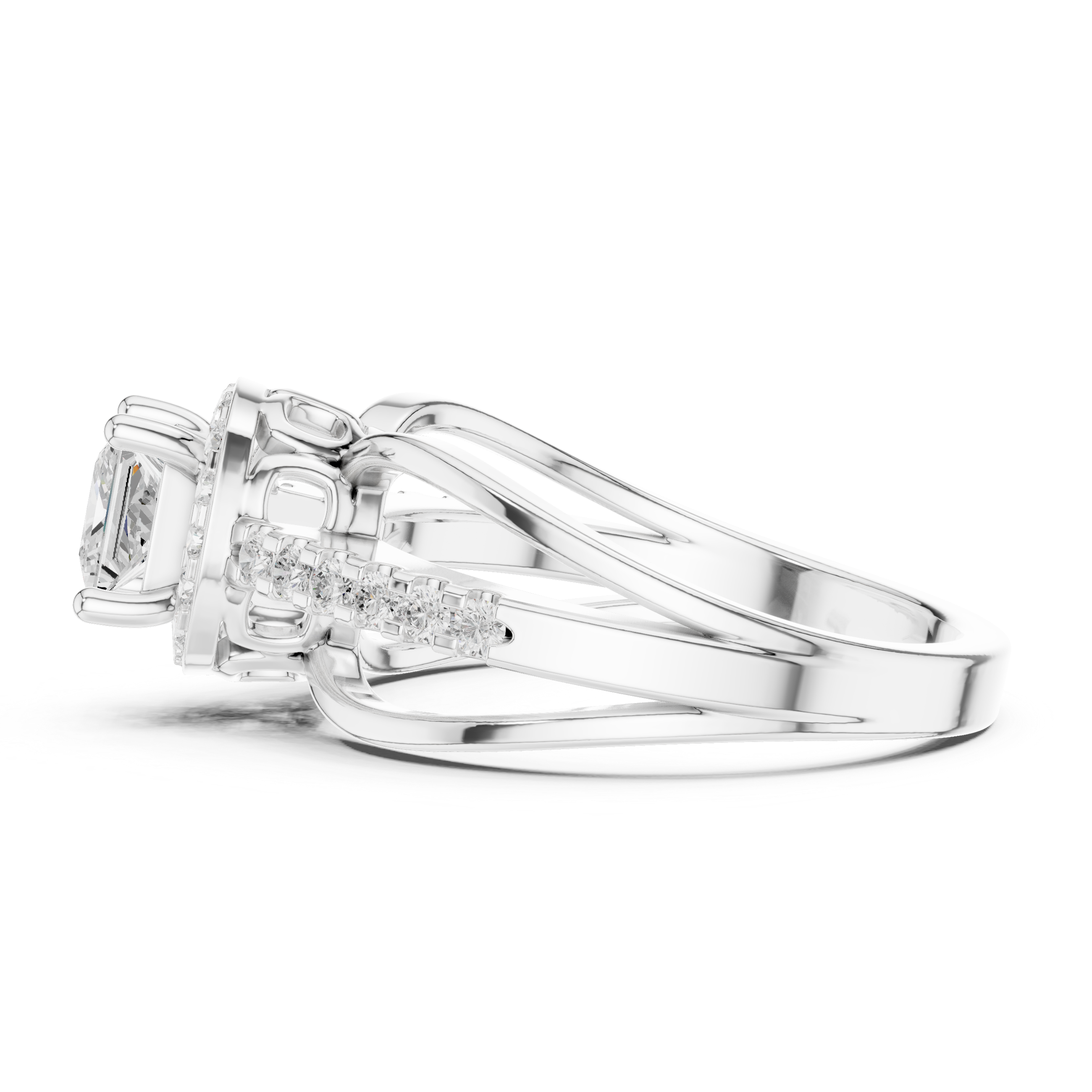 Princess Cut Halo Diamond Split Shank Pave Engagement Ring