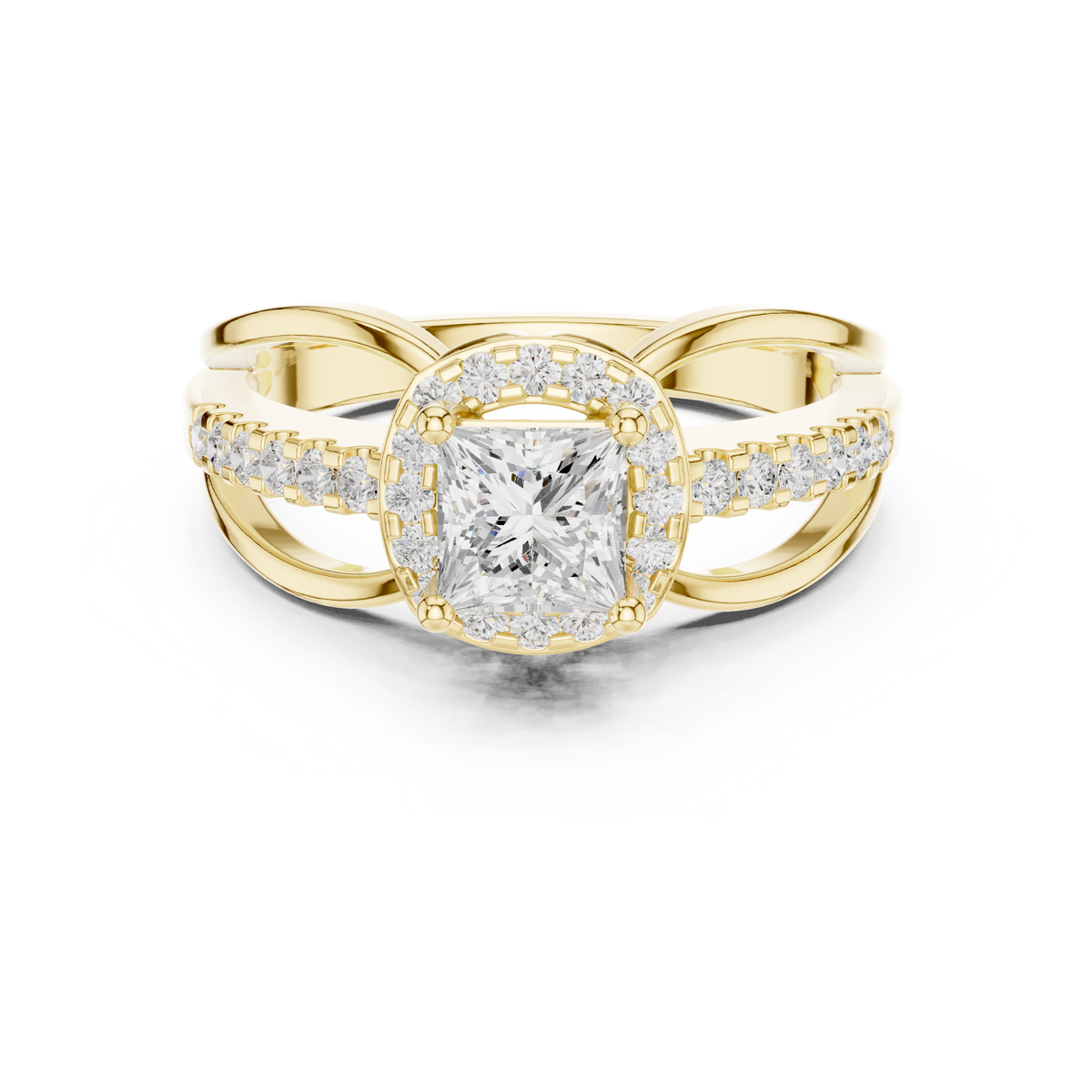 Princess Cut Halo Diamond Split Shank Pave Engagement Ring