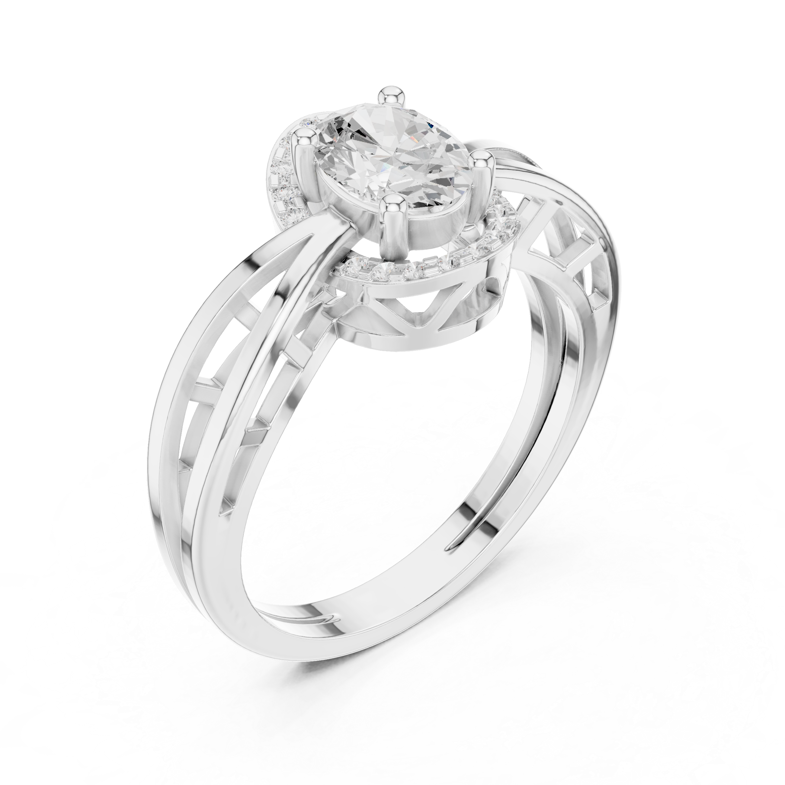 Double Layer Split Shank Oval Halo Diamond Engagement Ring