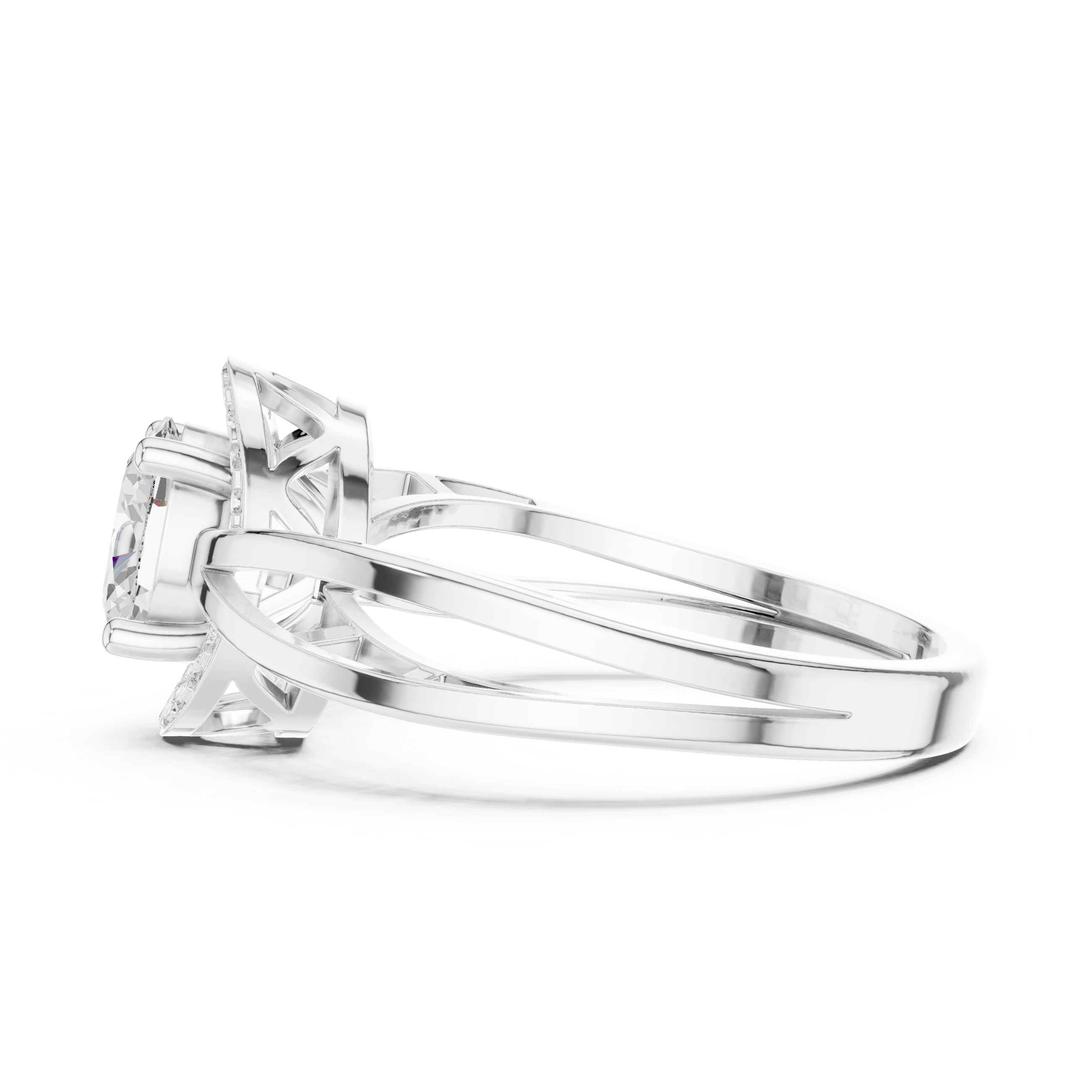 Double Layer Split Shank Oval Halo Diamond Engagement Ring