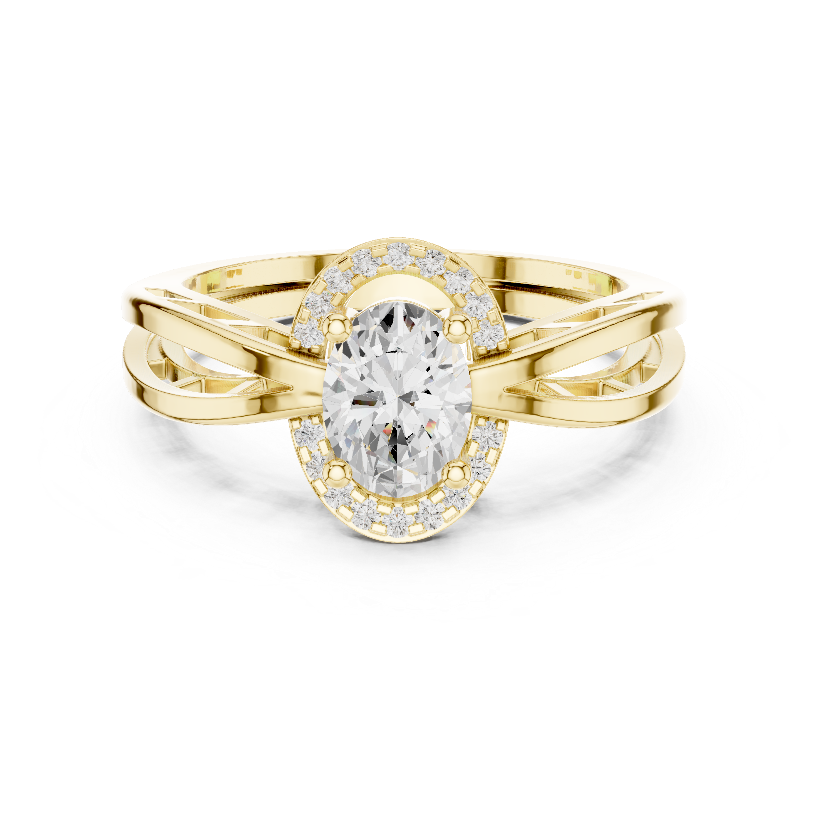 Double Layer Split Shank Oval Halo Diamond Engagement Ring