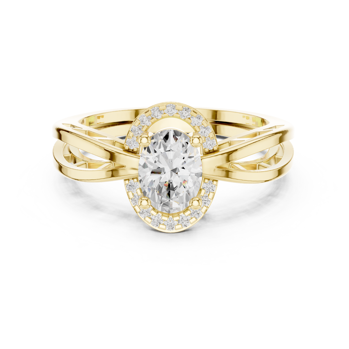 Double Layer Split Shank Oval Halo Diamond Engagement Ring