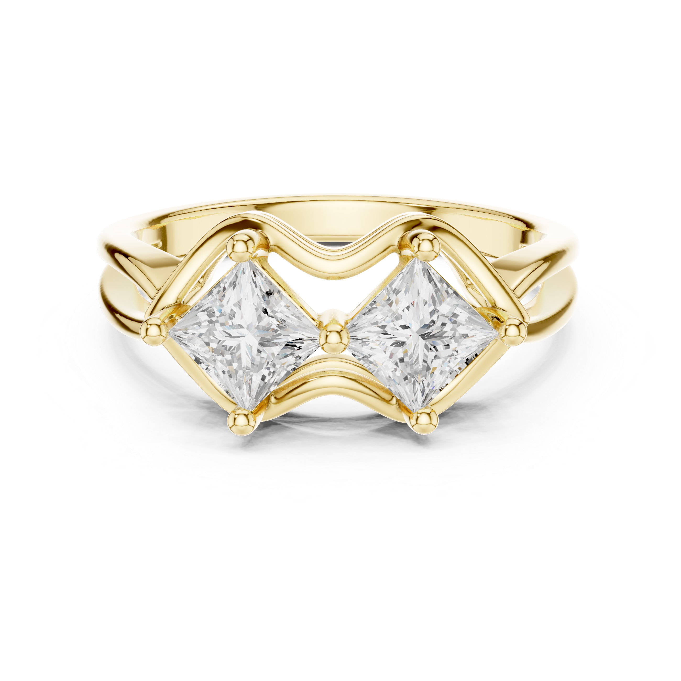 Princess Cut Two Stone Wave-Frame Ring