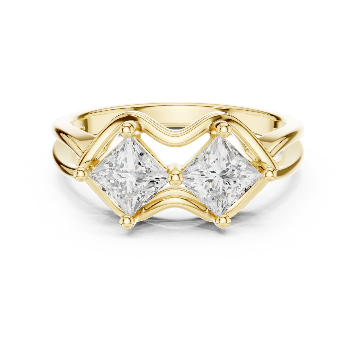 Princess Cut Two Stone Wave-Frame Ring