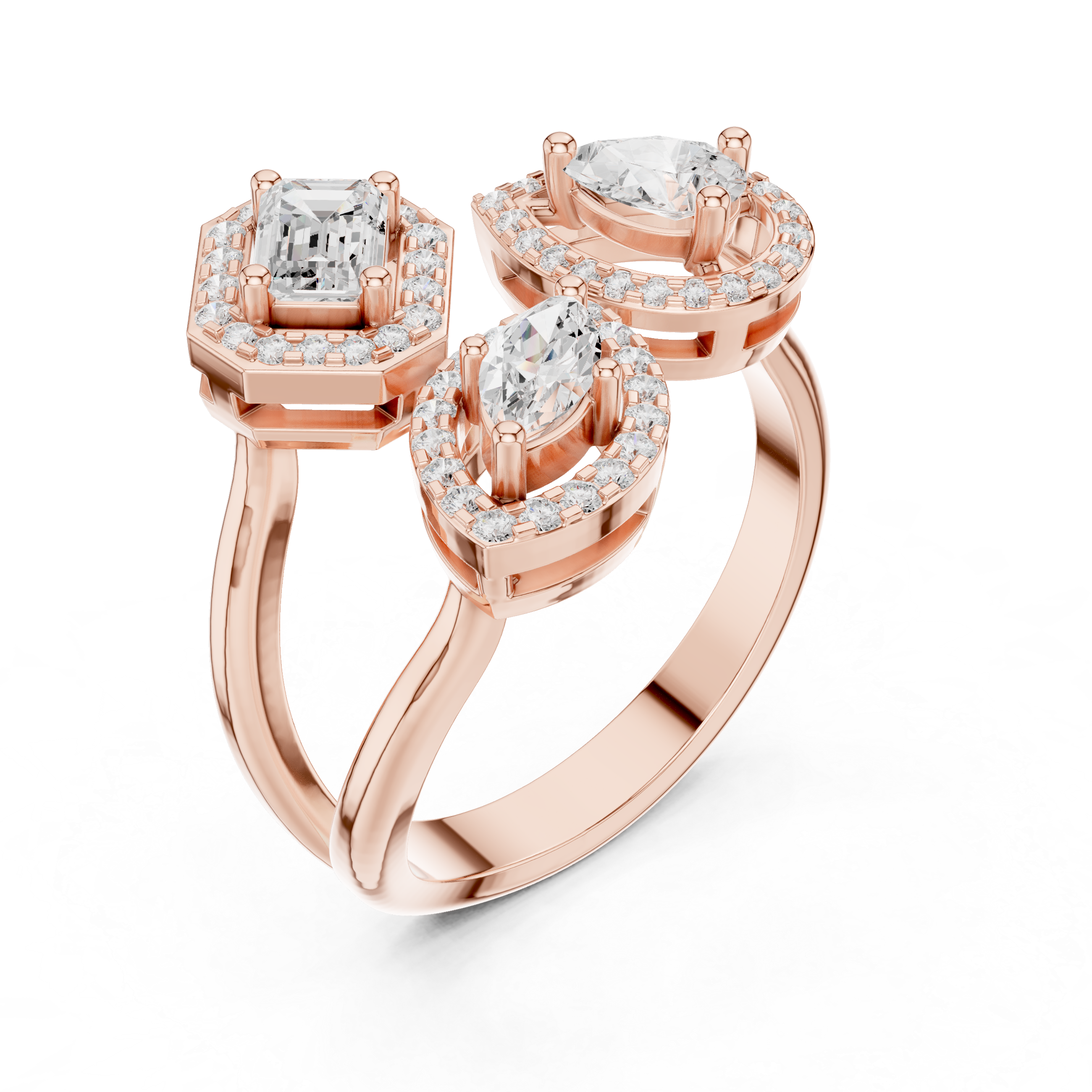 Multi-Shape Three-Stone Diamond Halo Ring