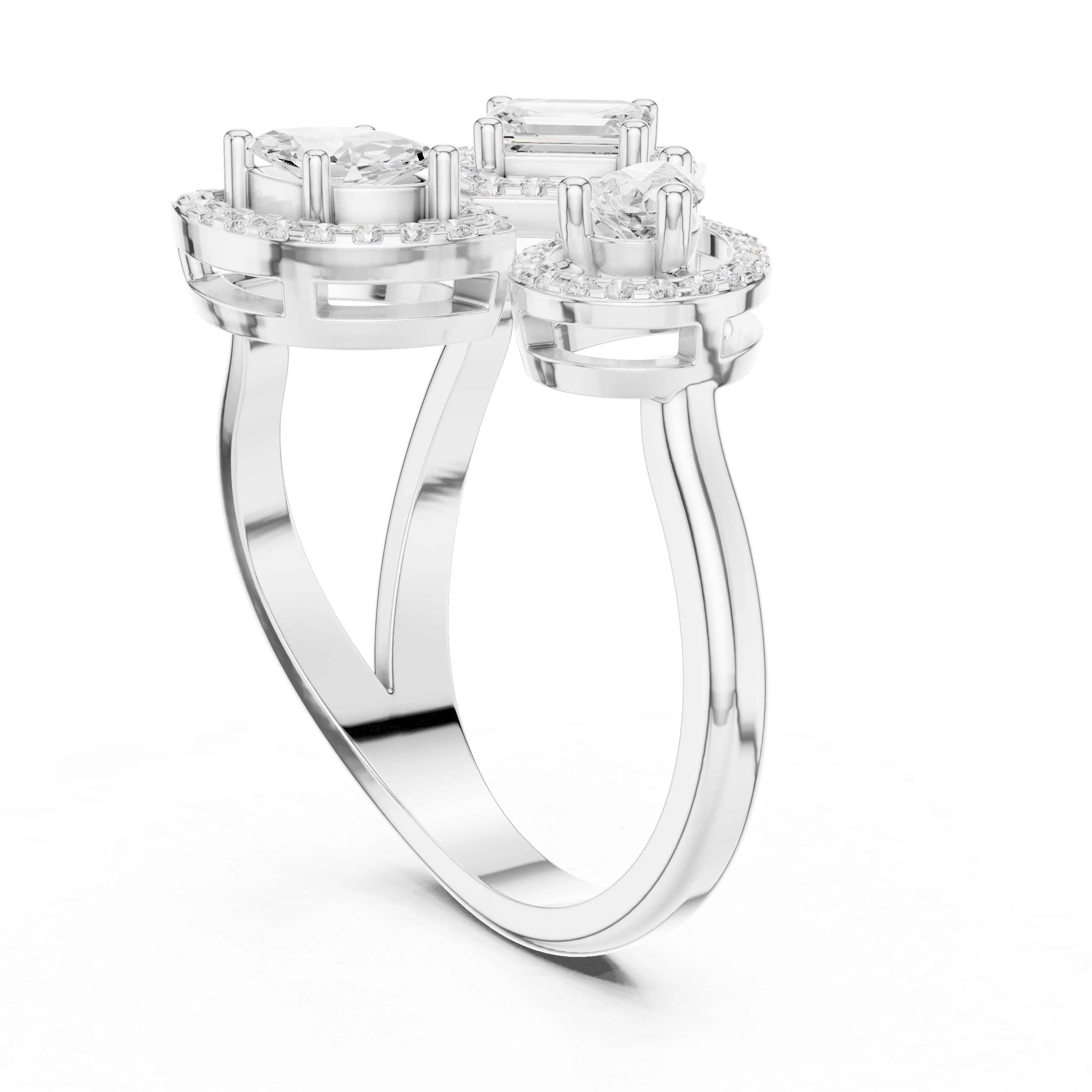 Multi-Shape Three-Stone Diamond Halo Ring