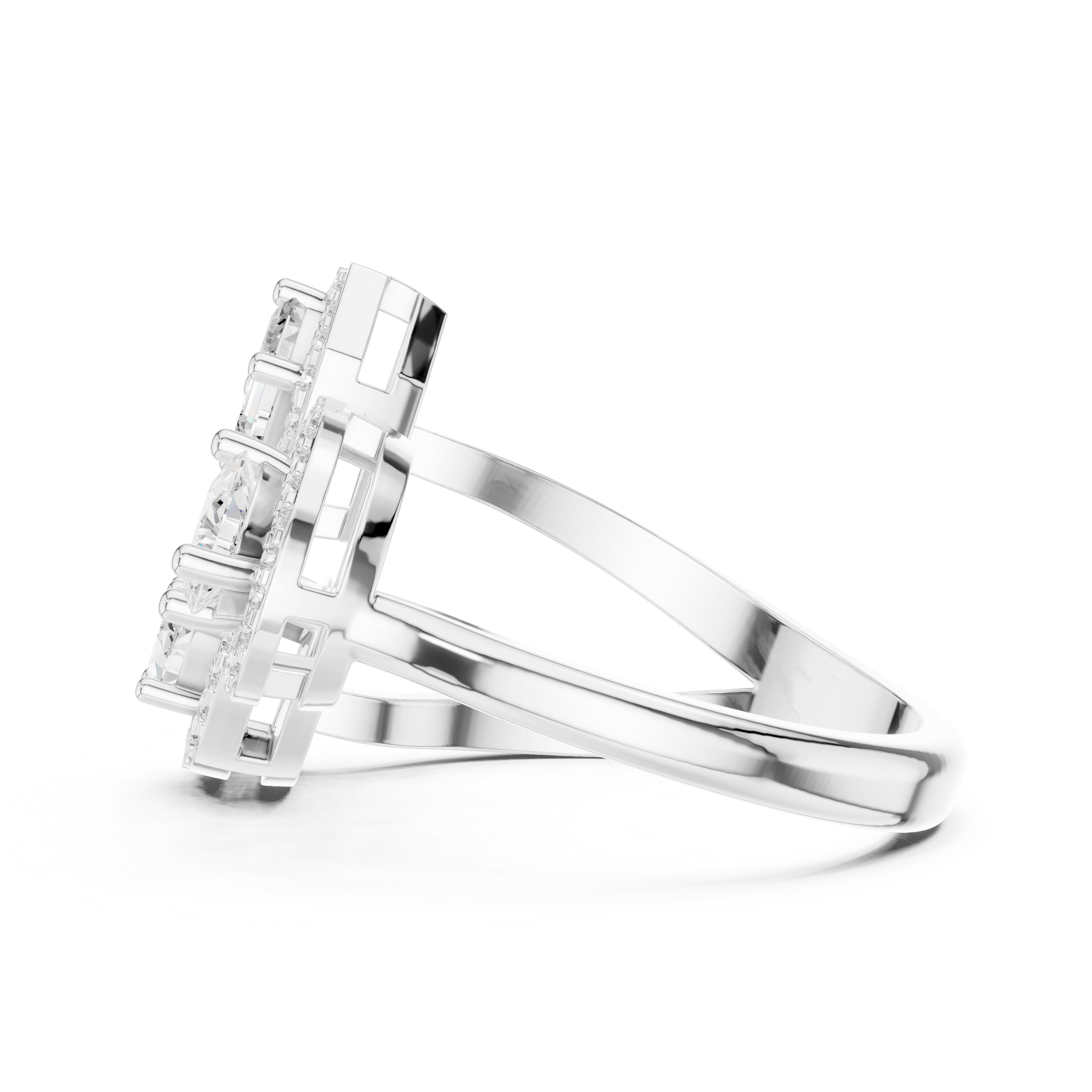 Multi-Shape Three-Stone Diamond Halo Ring