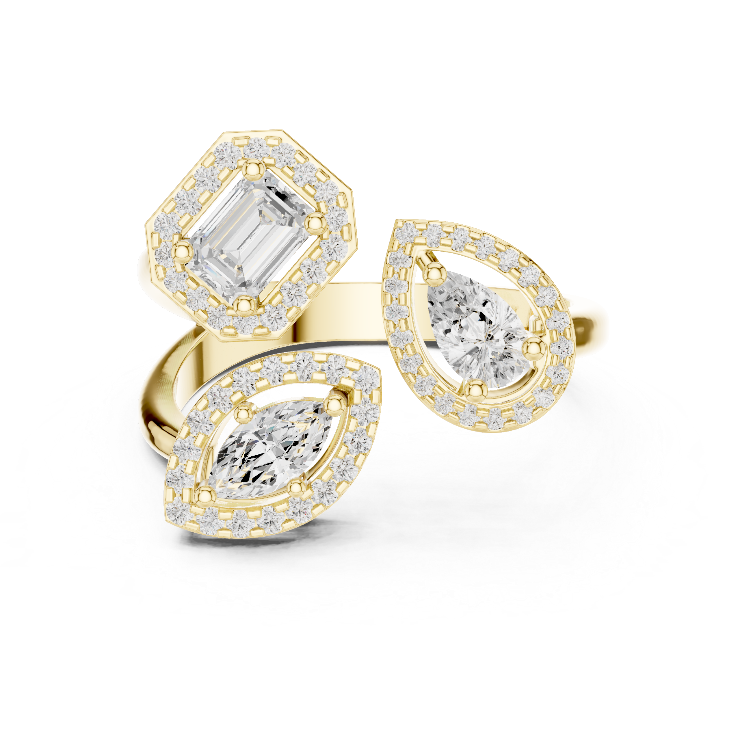 Multi-Shape Three-Stone Diamond Halo Ring