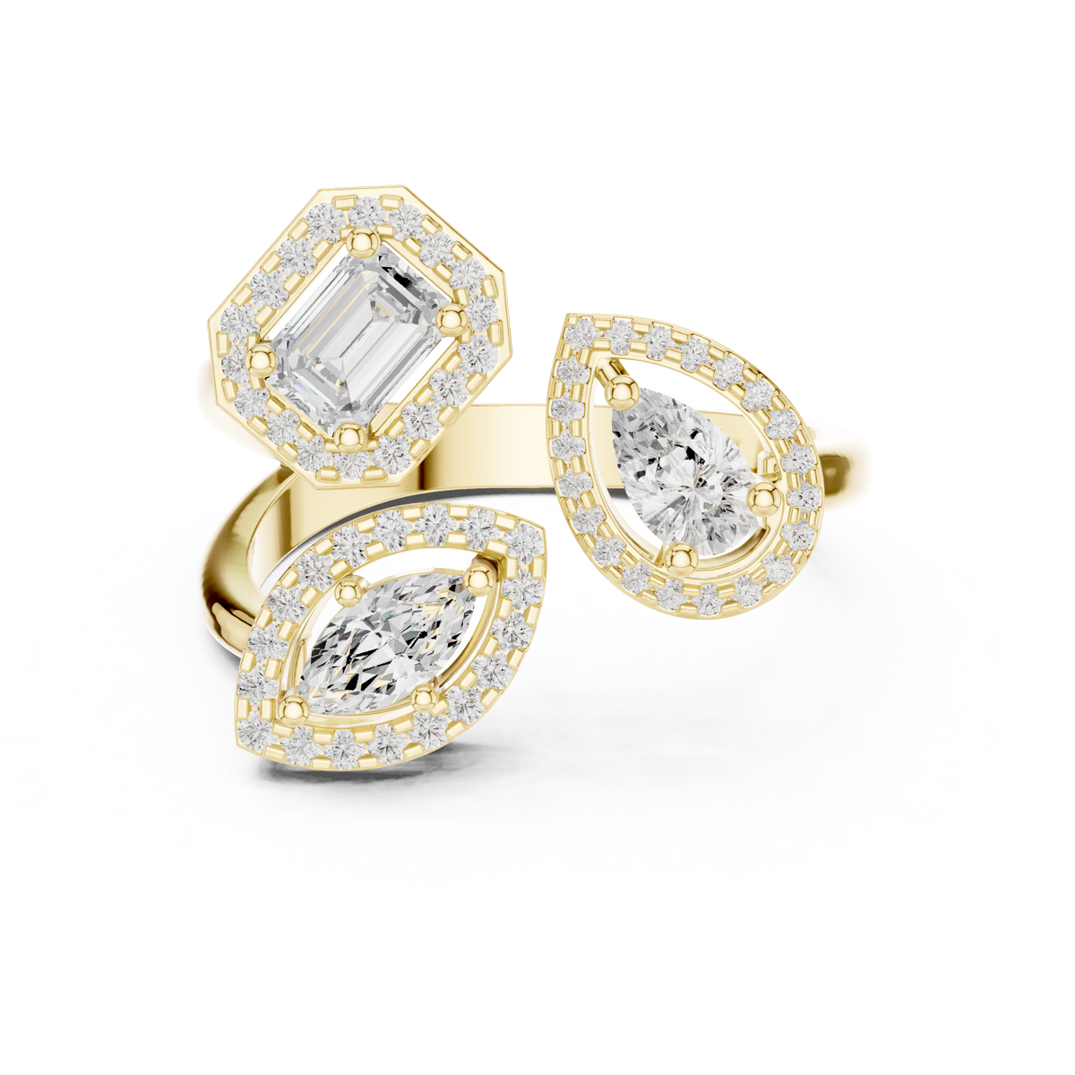 Multi-Shape Three-Stone Diamond Halo Ring