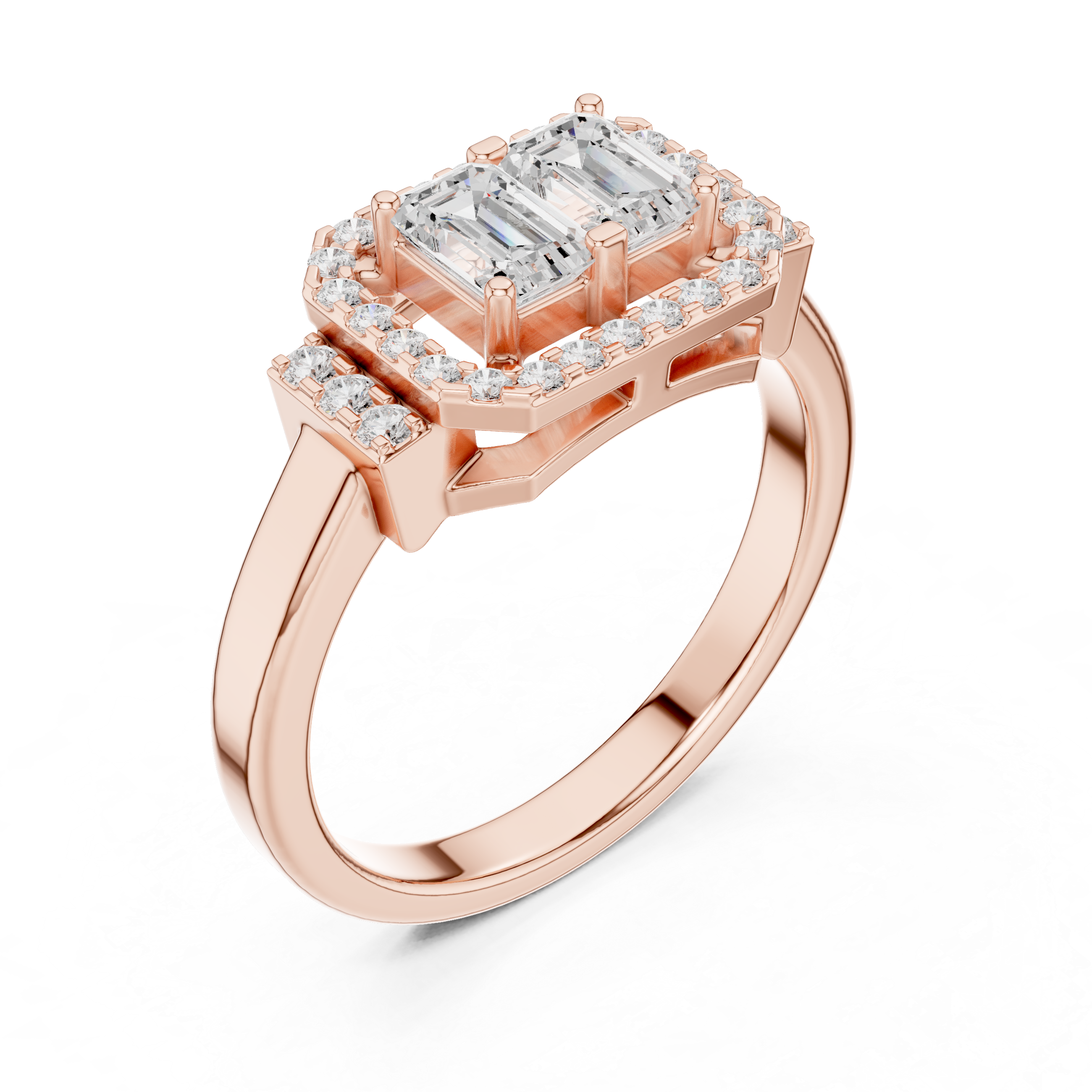 Double Emerald Cut Diamond Halo Engagement Ring