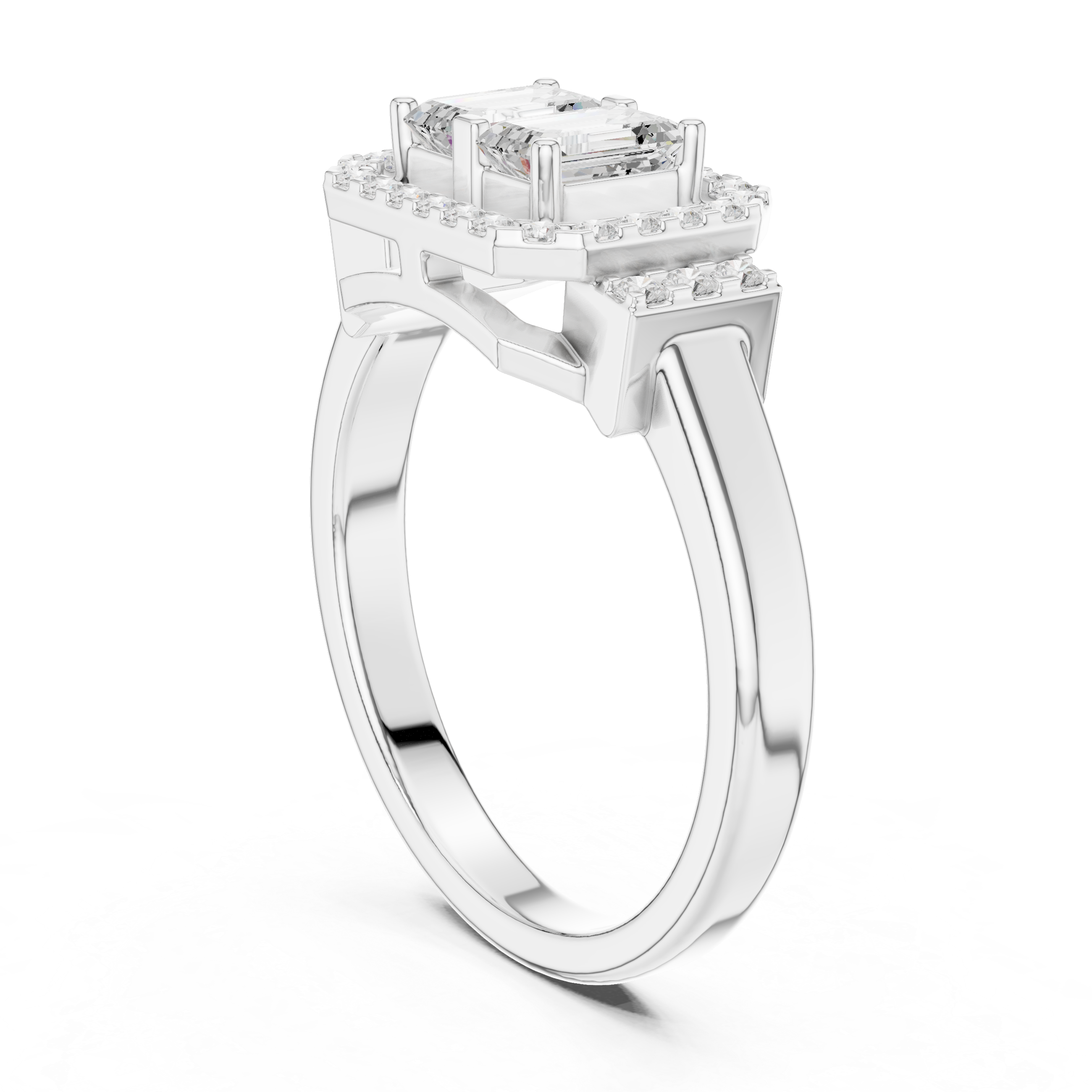 Double Emerald Cut Diamond Halo Engagement Ring