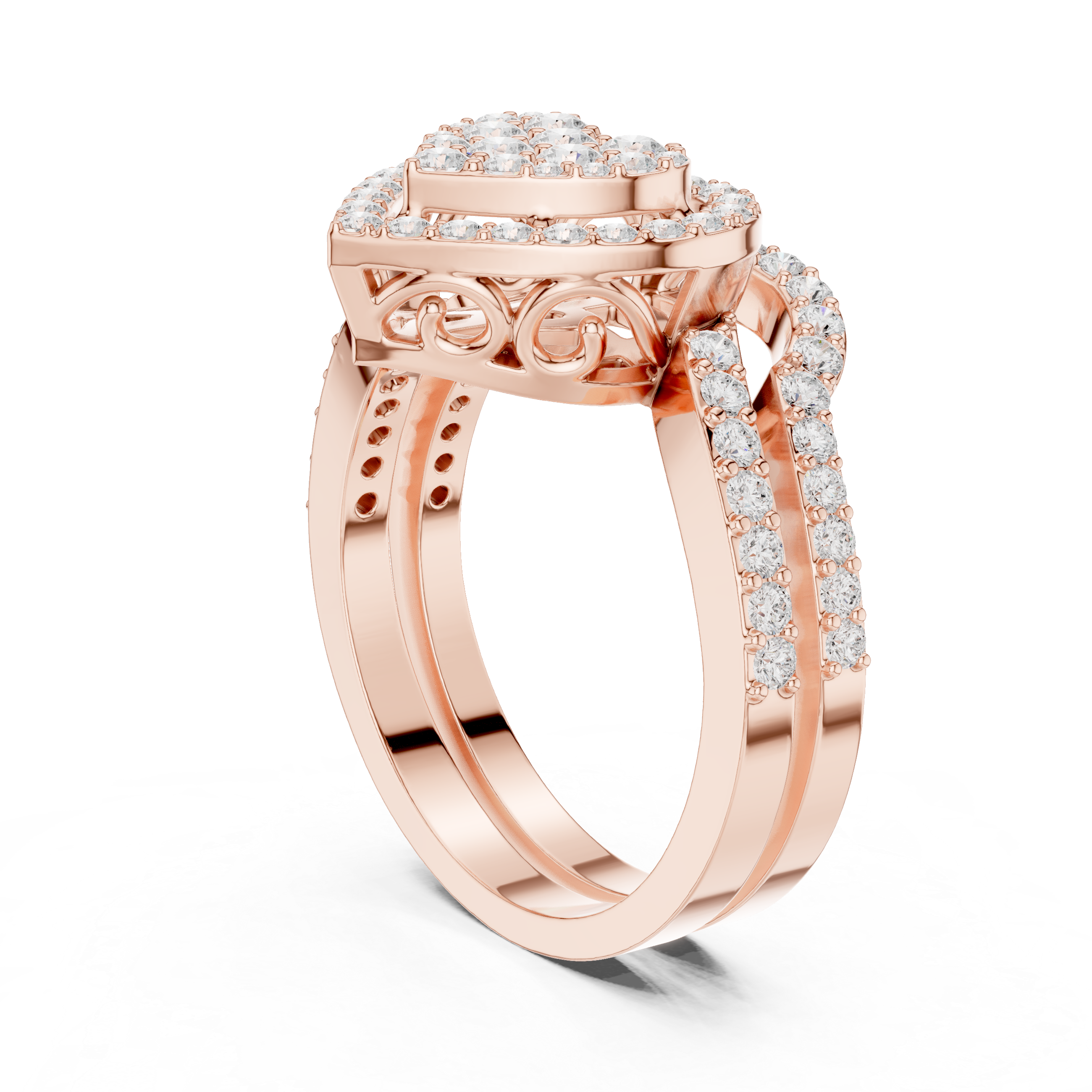 Heart Shaped Round Diamond Cluster Bridal Ring with Double Pave Band