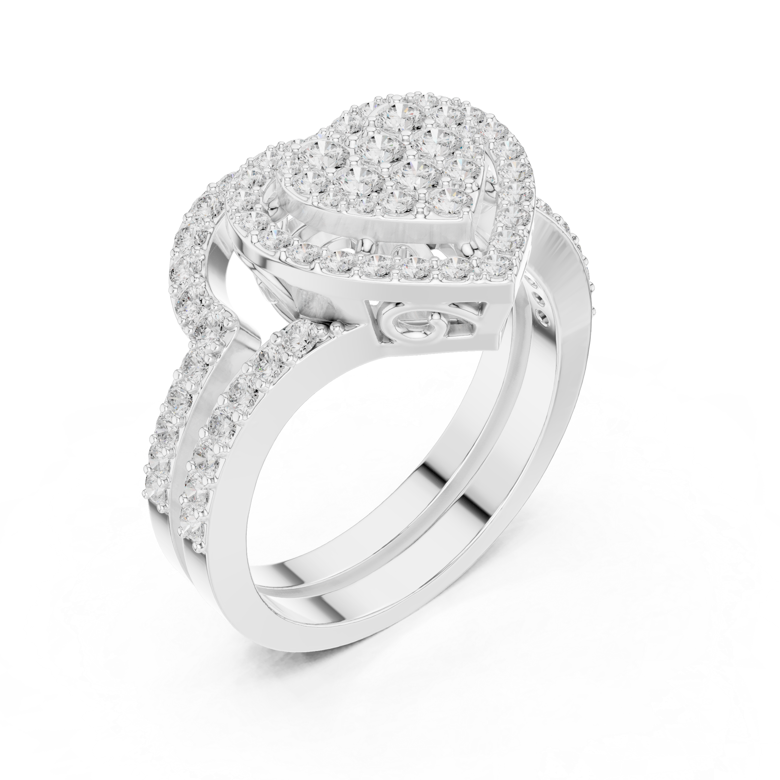 Heart Shaped Round Diamond Cluster Bridal Ring with Double Pave Band