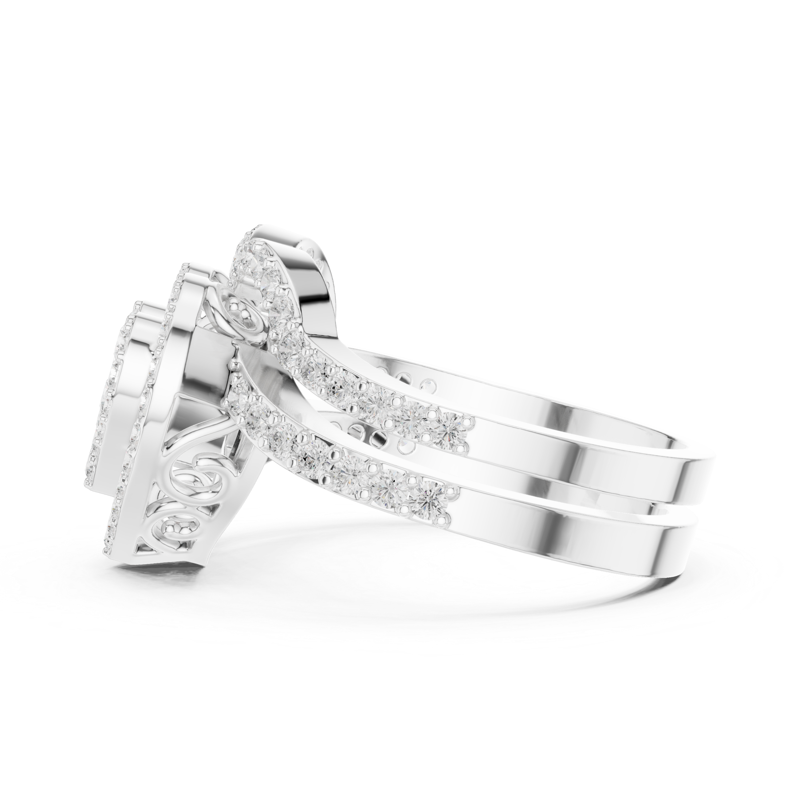 Heart Shaped Round Diamond Cluster Bridal Ring with Double Pave Band