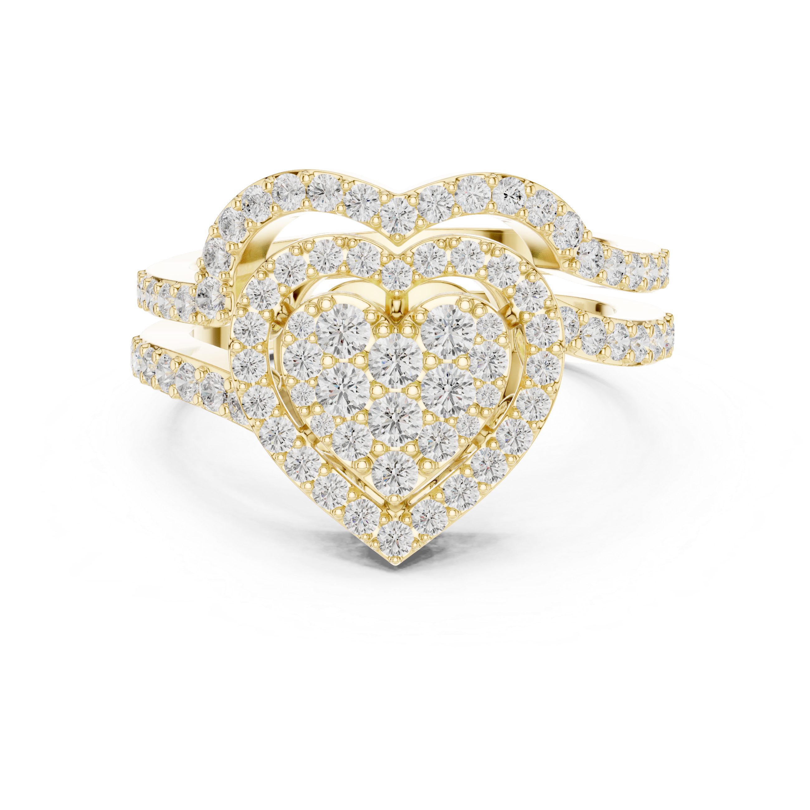 Heart Shaped Round Diamond Cluster Bridal Ring with Double Pave Band