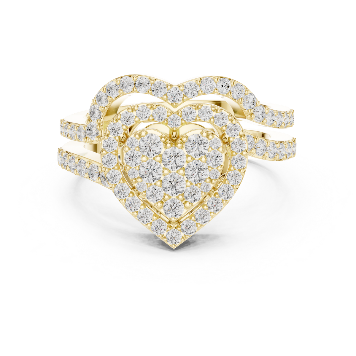 Heart Shaped Round Diamond Cluster Bridal Ring with Double Pave Band