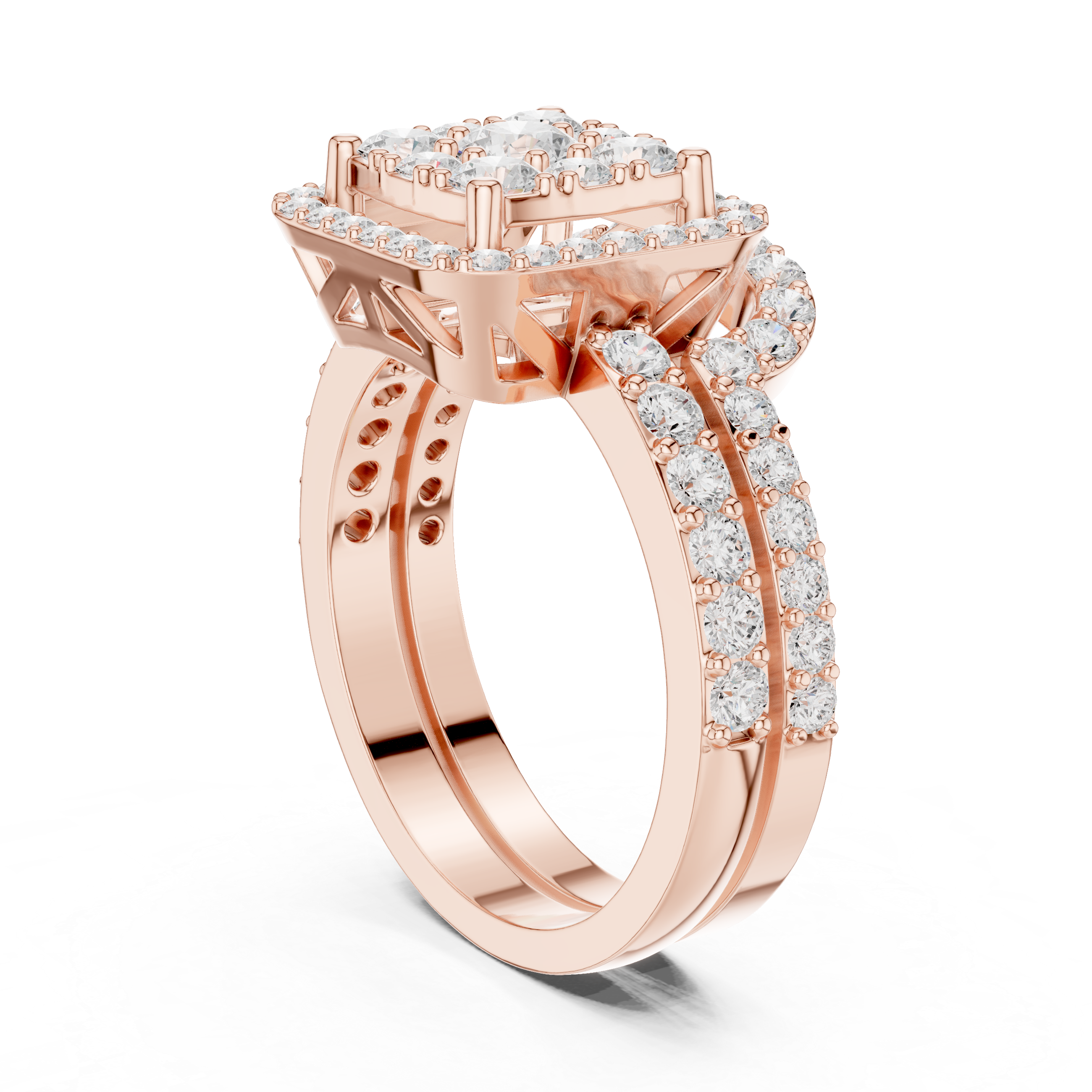 Square Composite Diamond Halo Bridal Set With Double Pave Band