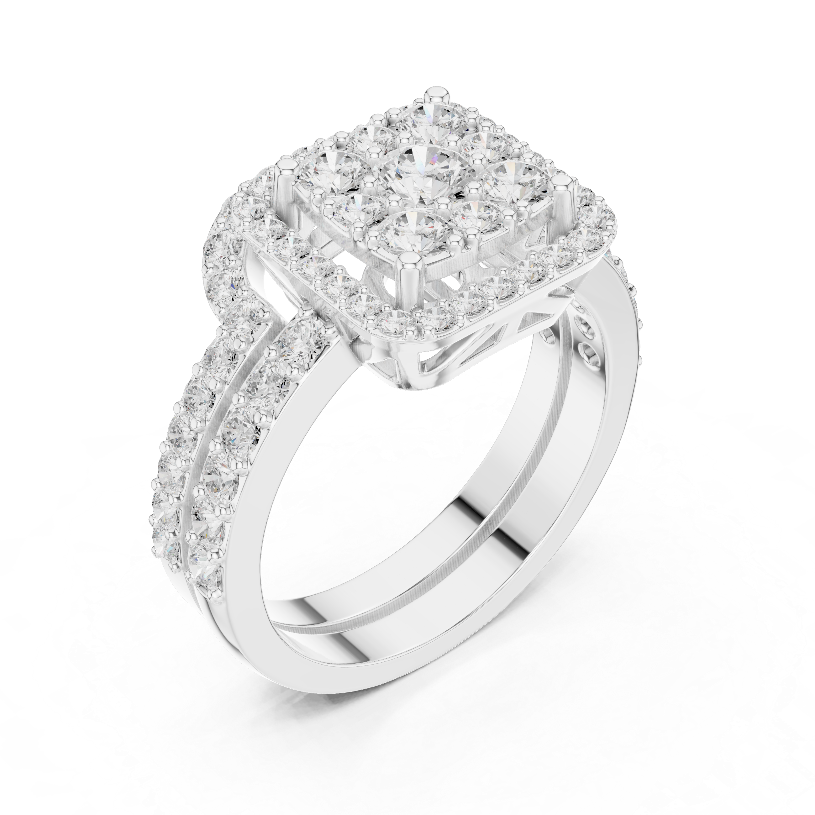 Square Composite Diamond Halo Bridal Set With Double Pave Band