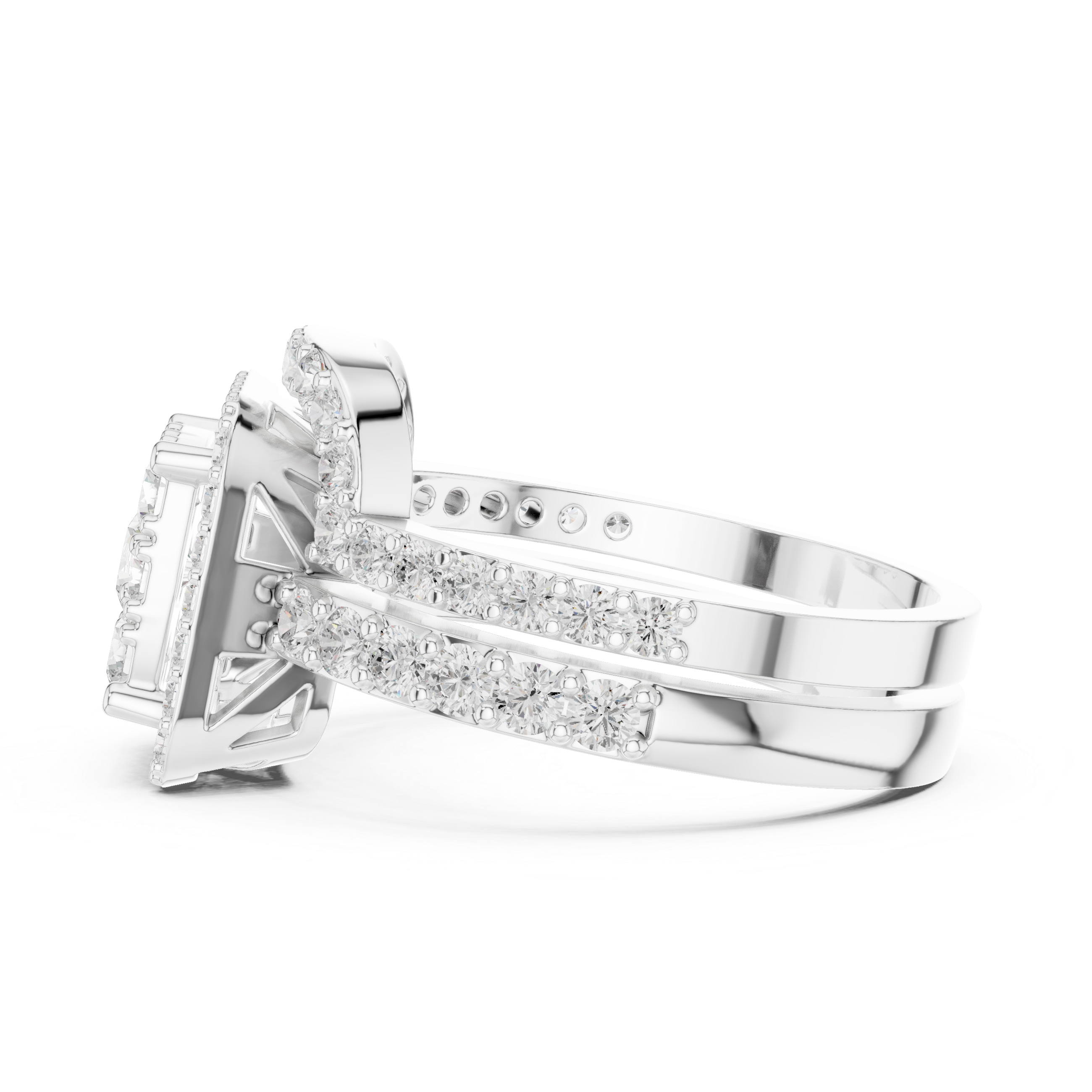 Square Composite Diamond Halo Bridal Set With Double Pave Band