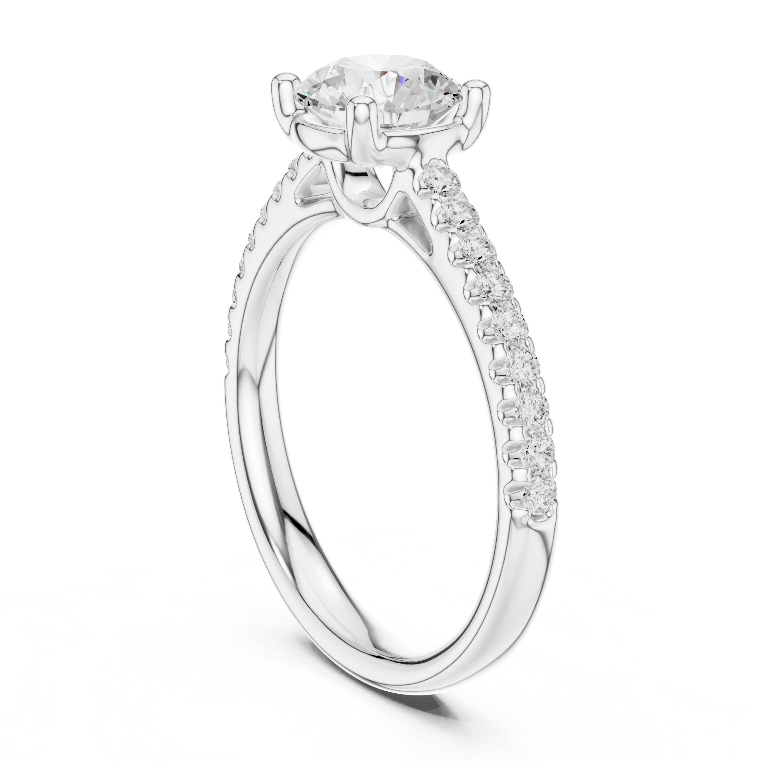 Round Cut Basket cathedral shank Pave Set Ring
