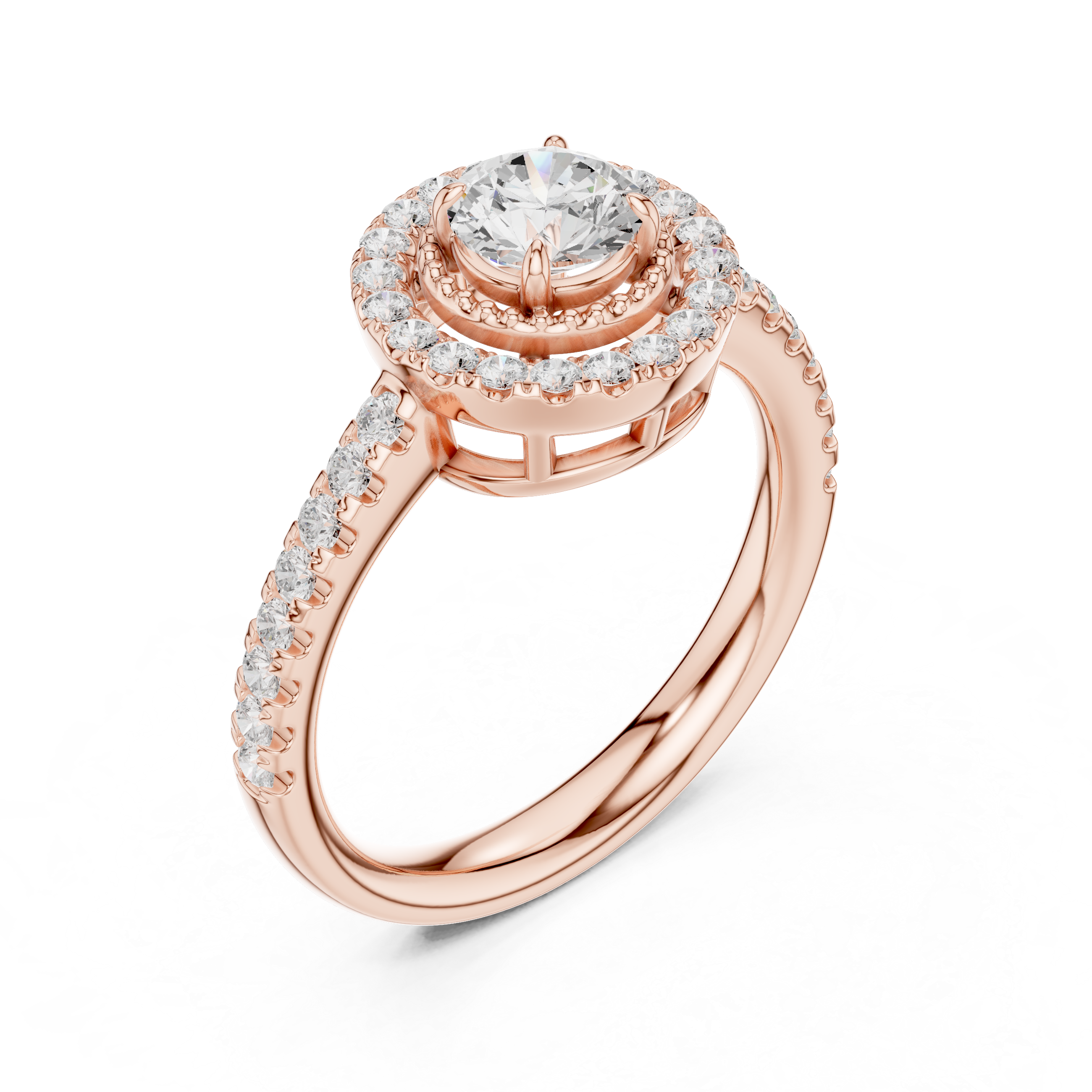 Round Cut Diamond Milgrain Inner Halo & Pavé Engagement Ring