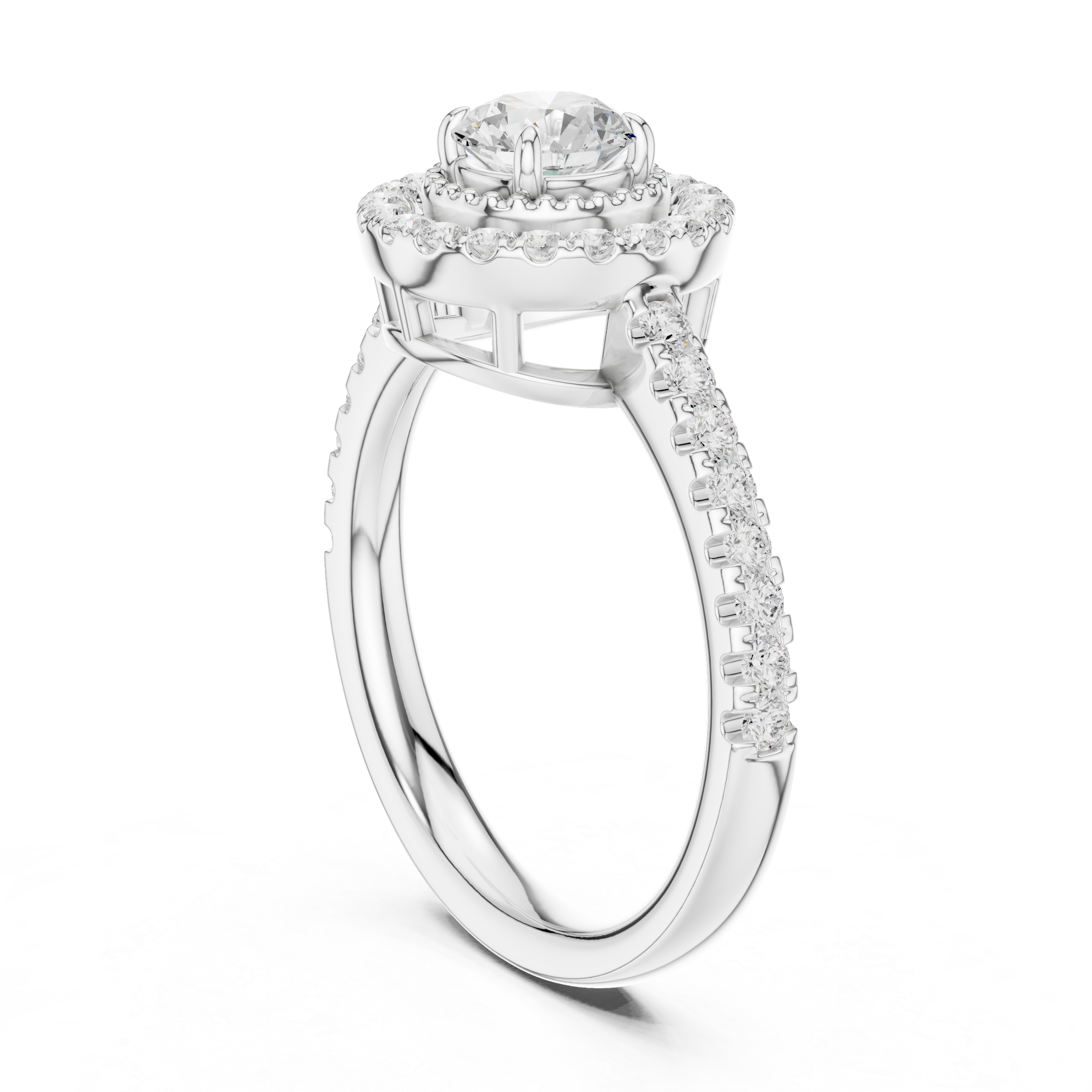 Round Cut Diamond Milgrain Inner Halo & Pavé Engagement Ring