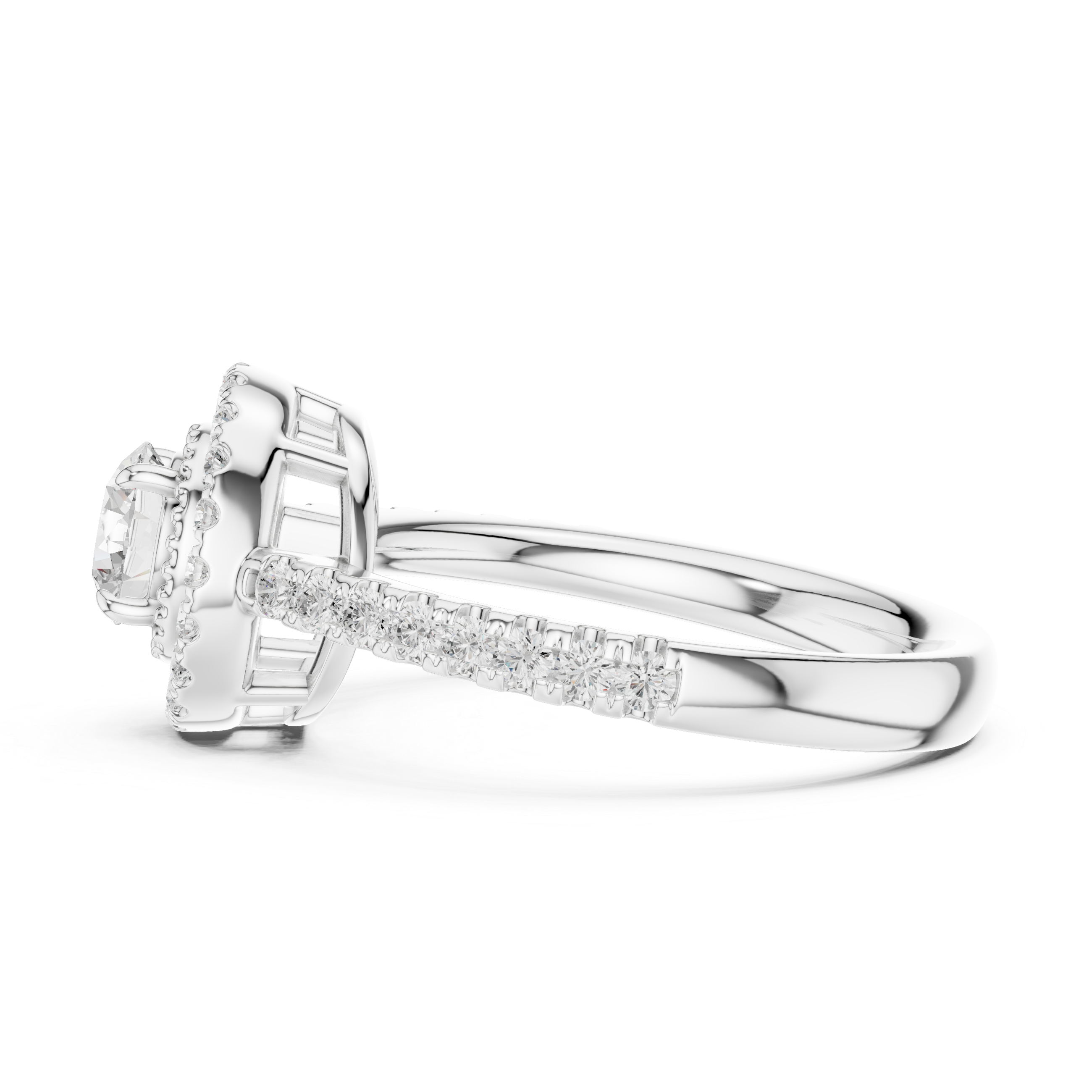 Round Cut Diamond Milgrain Inner Halo & Pavé Engagement Ring