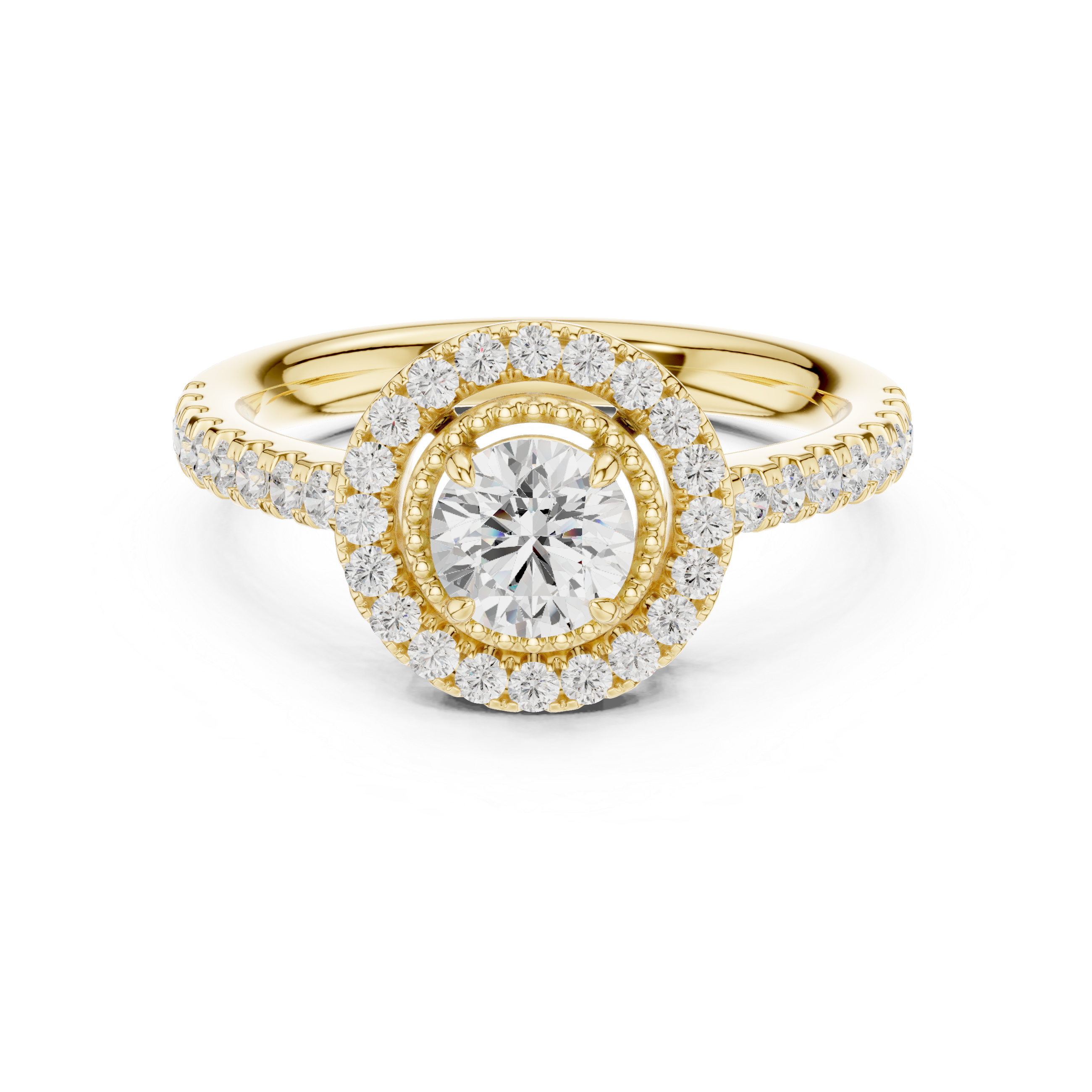 Round Cut Diamond Milgrain Inner Halo & Pavé Engagement Ring