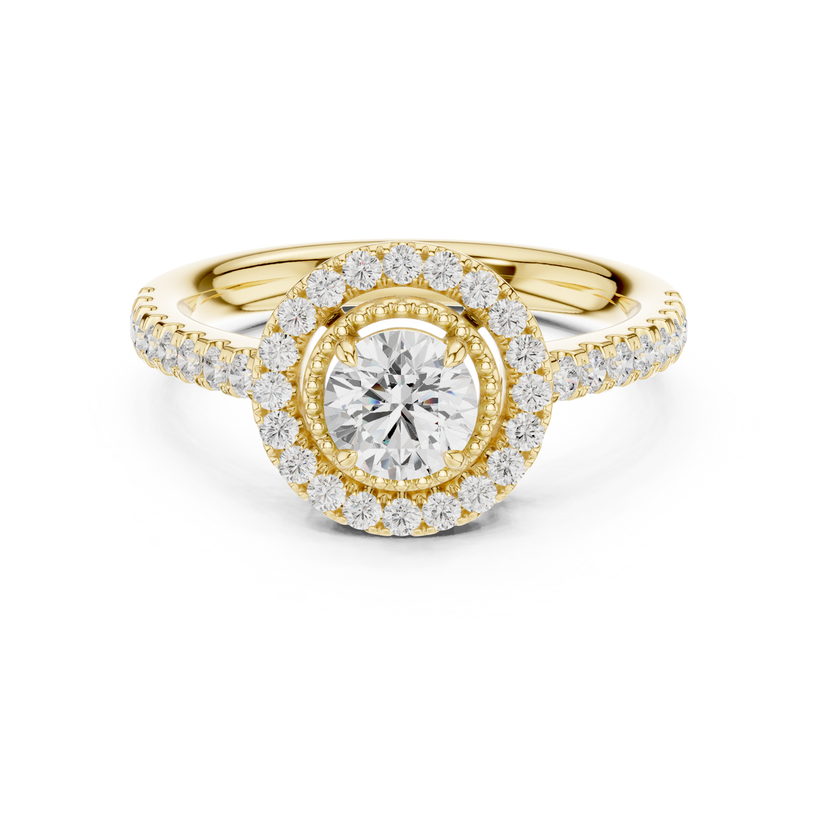 Round Cut Diamond Milgrain Inner Halo & Pavé Engagement Ring