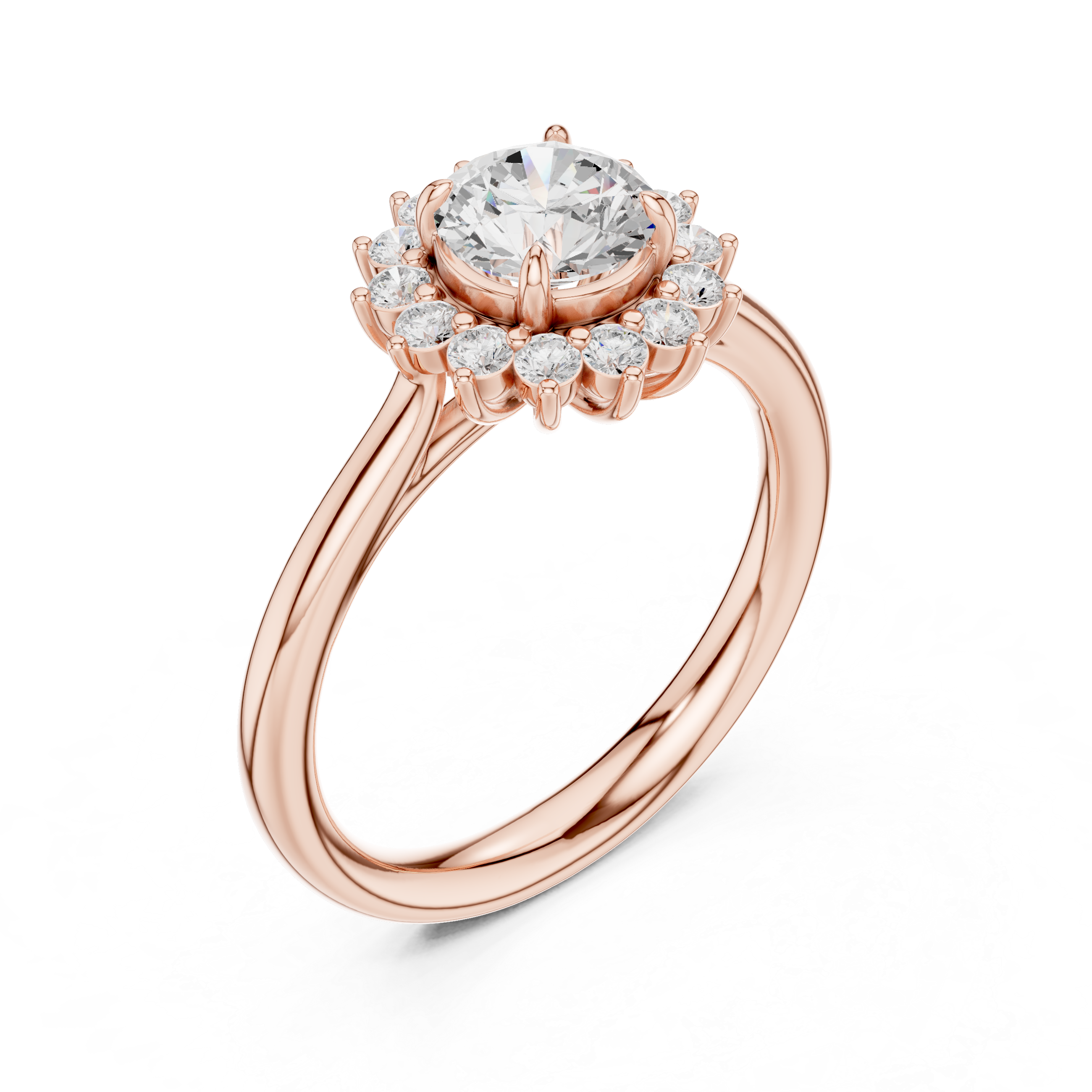 Round Brilliant Floral Sunburst Halo Engagement Ring