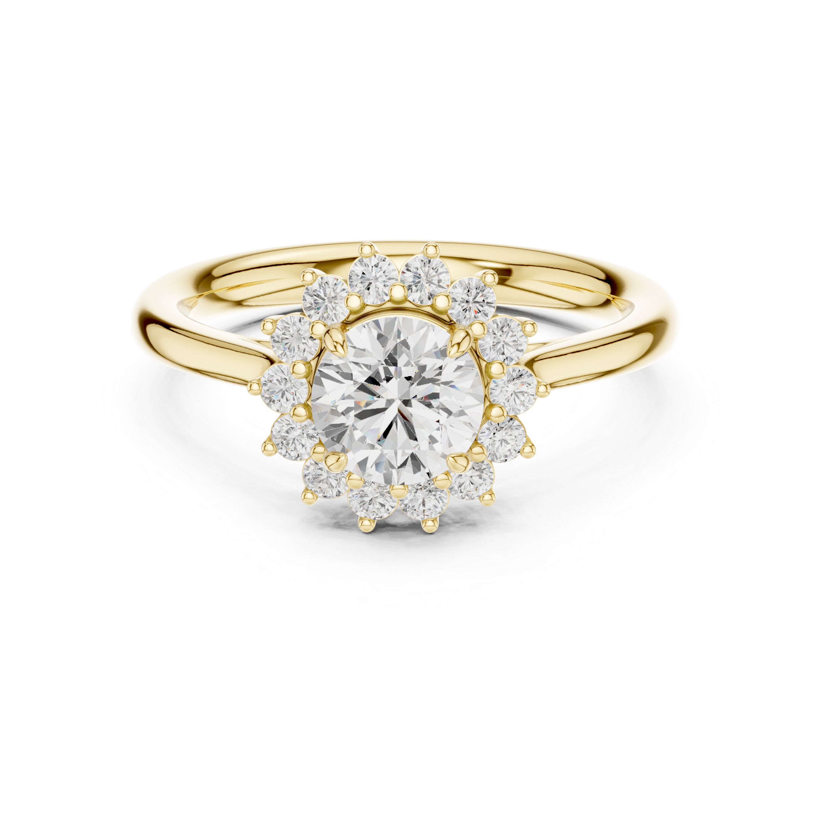 Round Brilliant Floral Sunburst Halo Engagement Ring