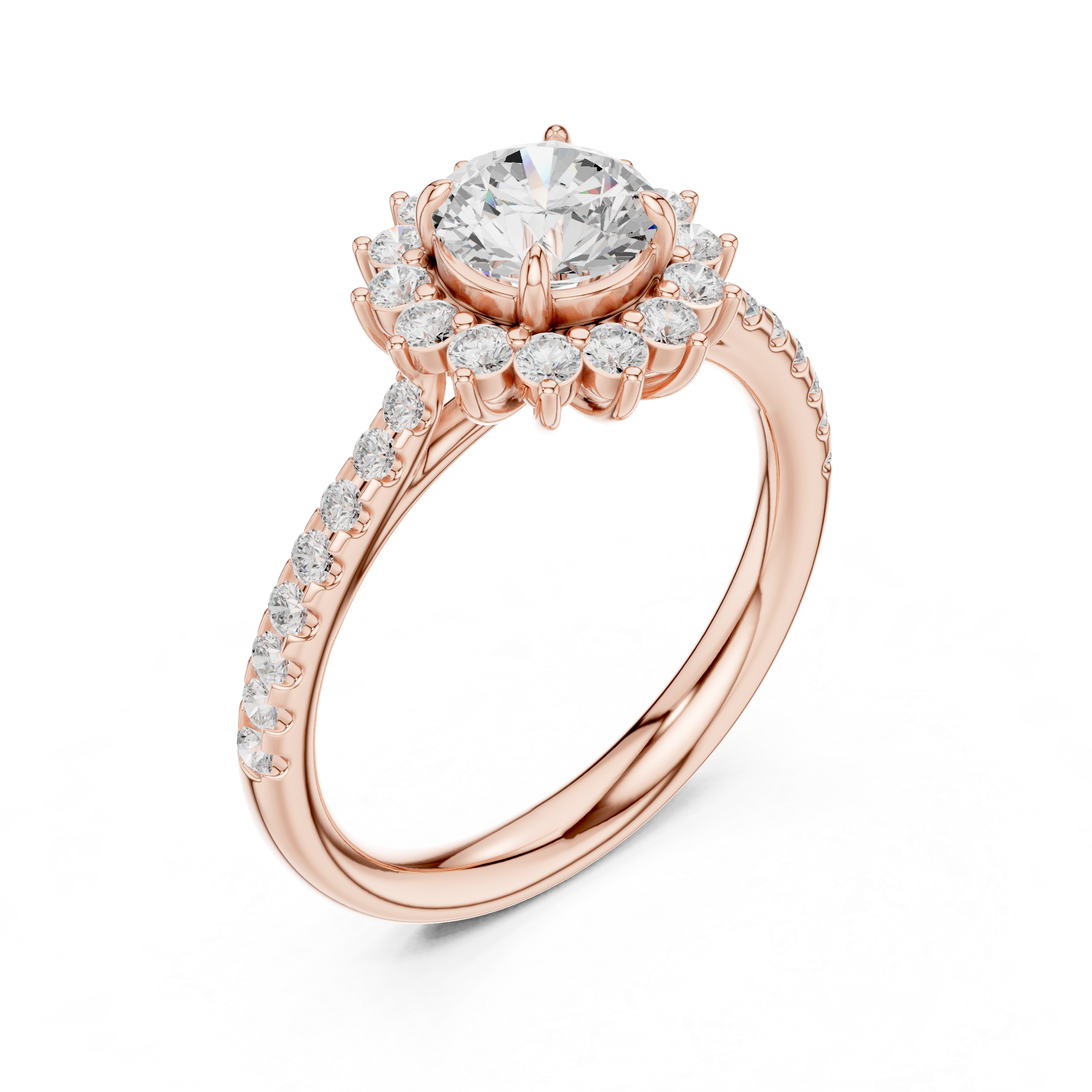 Round Brilliant Floral Sunburst Halo with Pavé Diamond Engagement Ring