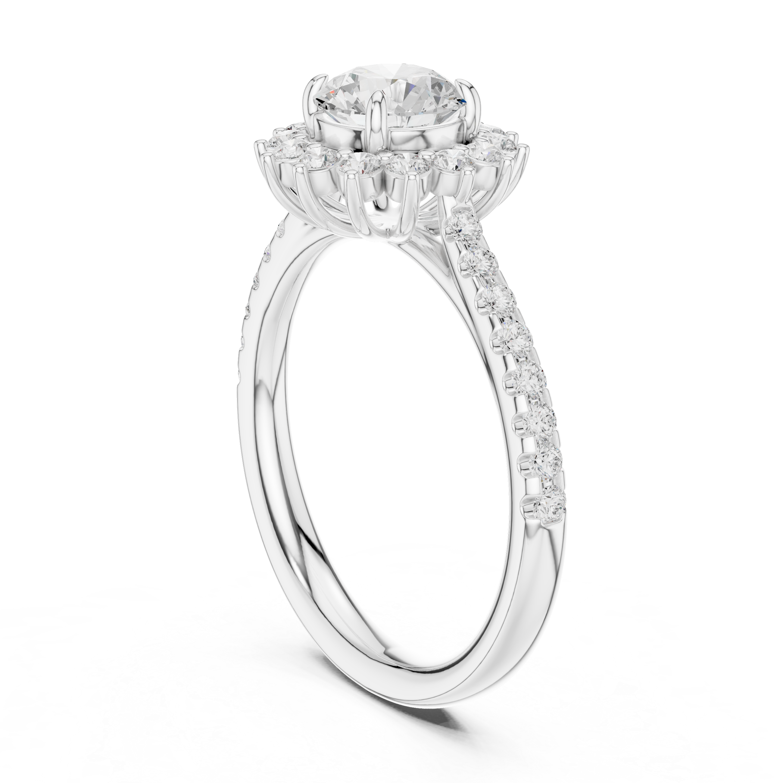 Round Brilliant Floral Sunburst Halo with Pavé Diamond Engagement Ring