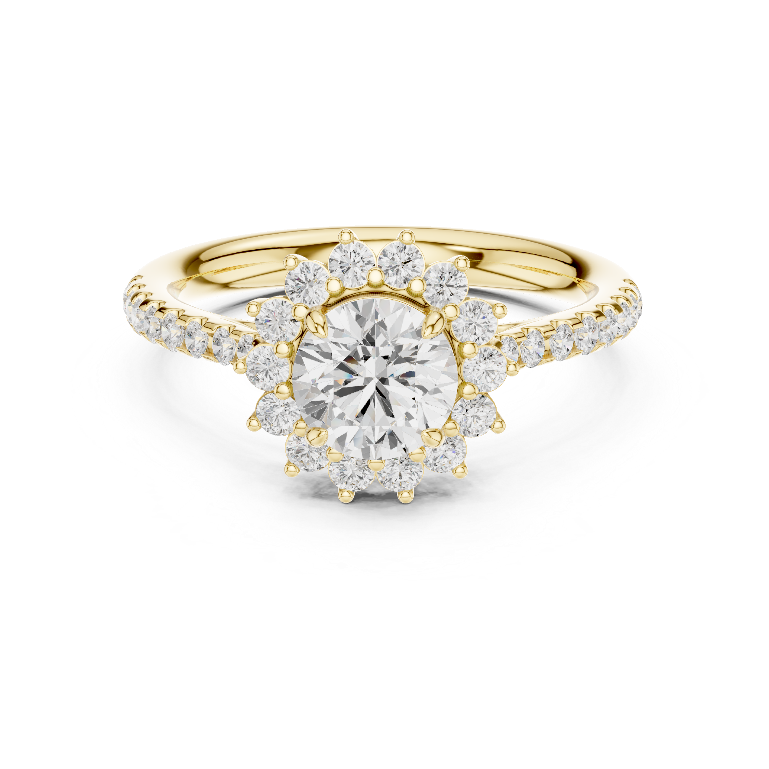 Round Brilliant Floral Sunburst Halo with Pavé Diamond Engagement Ring