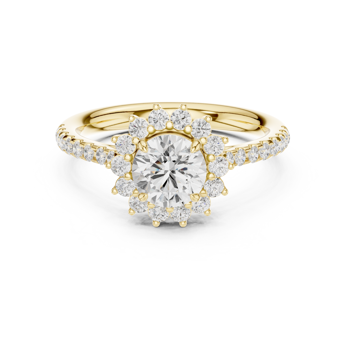 Round Brilliant Floral Sunburst Halo with Pavé Diamond Engagement Ring