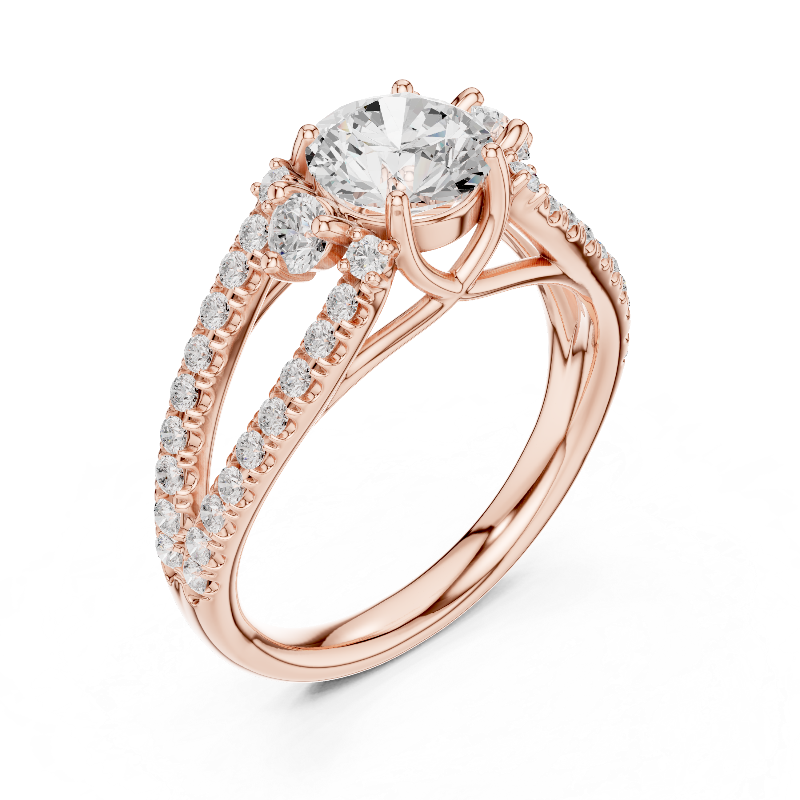 Round Cut Three-Stone Diamond Split Pave Shank Engagement Ring