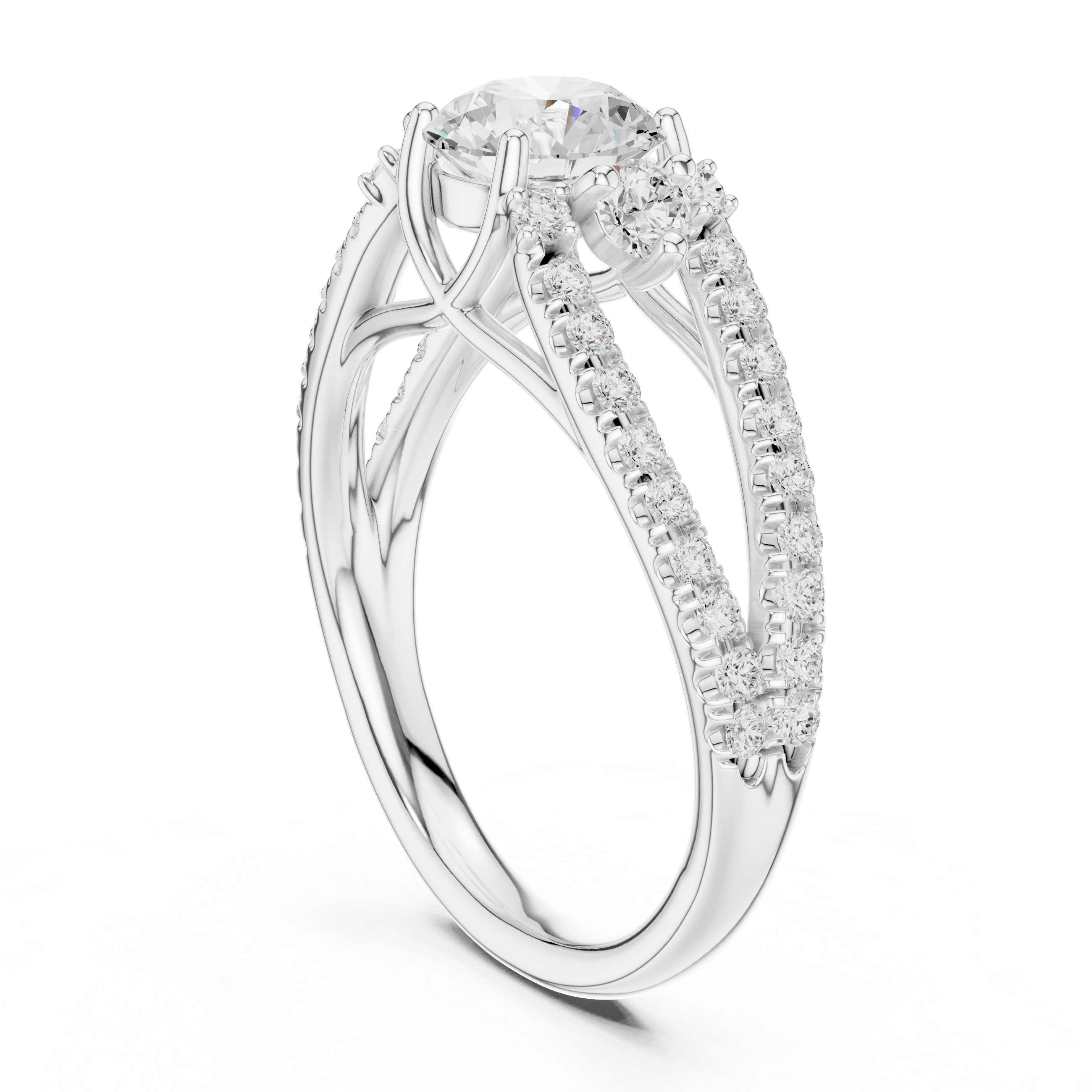 Round Cut Three-Stone Diamond Split Pave Shank Engagement Ring