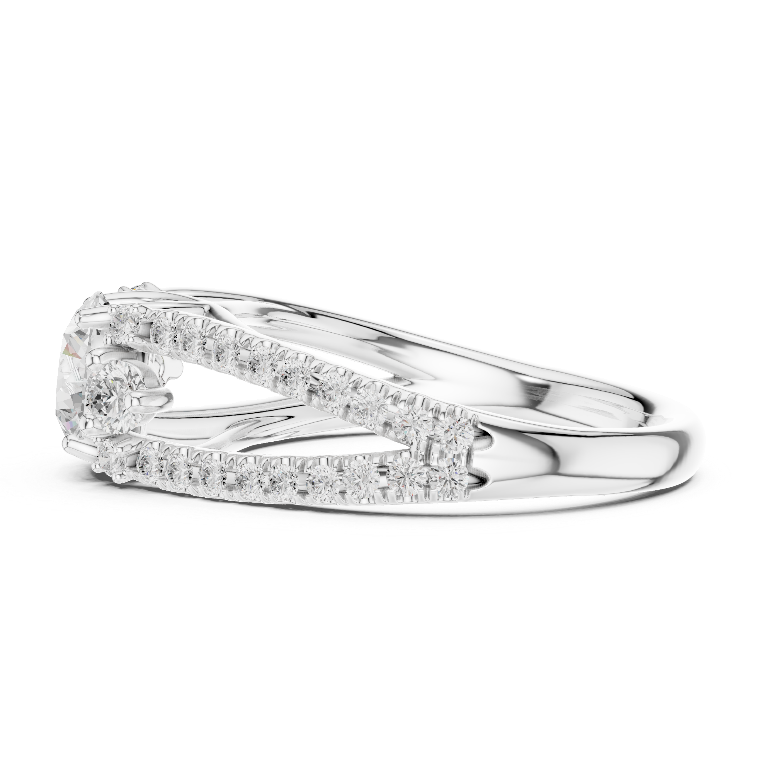 Round Cut Three-Stone Diamond Split Pave Shank Engagement Ring