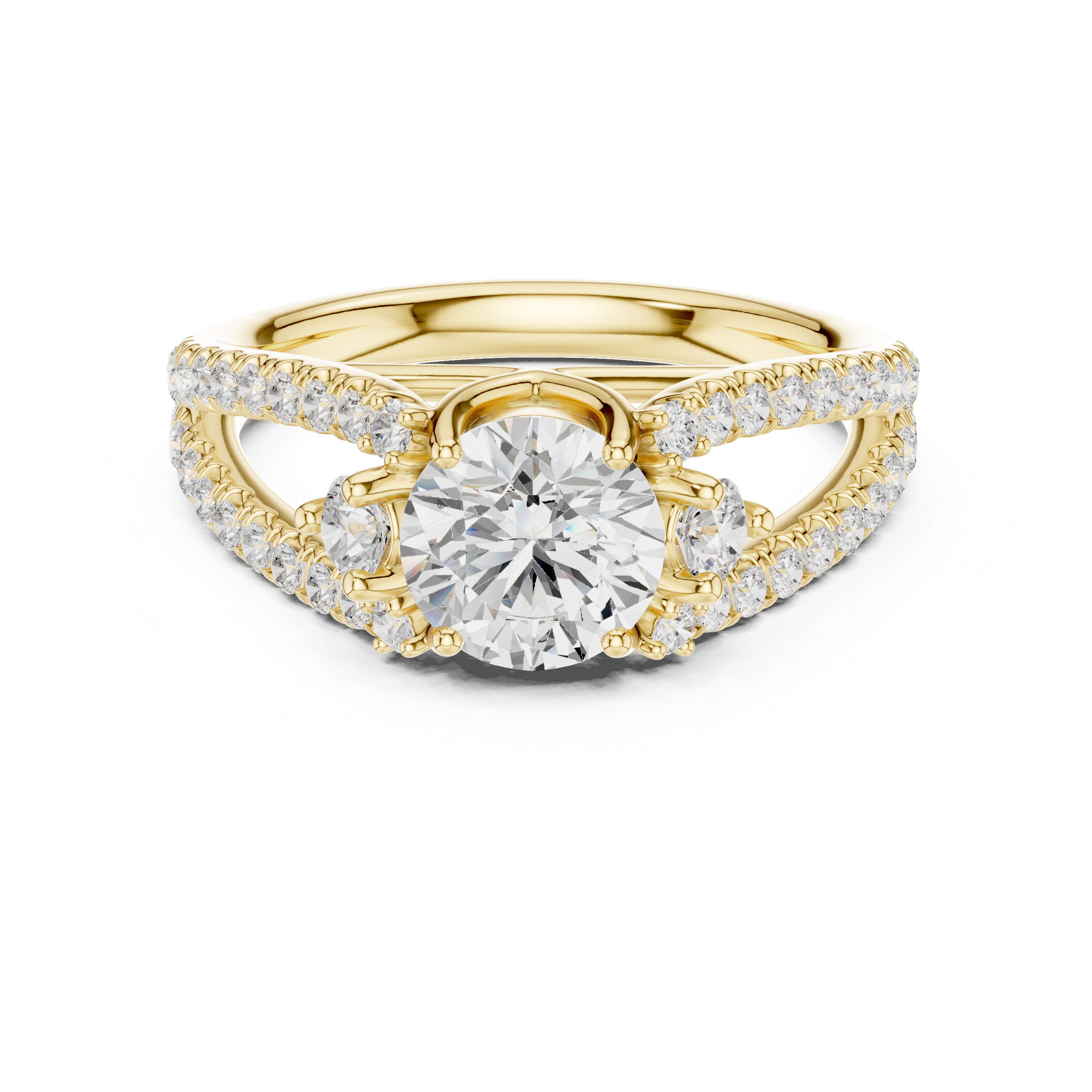 Round Cut Three-Stone Diamond Split Pave Shank Engagement Ring