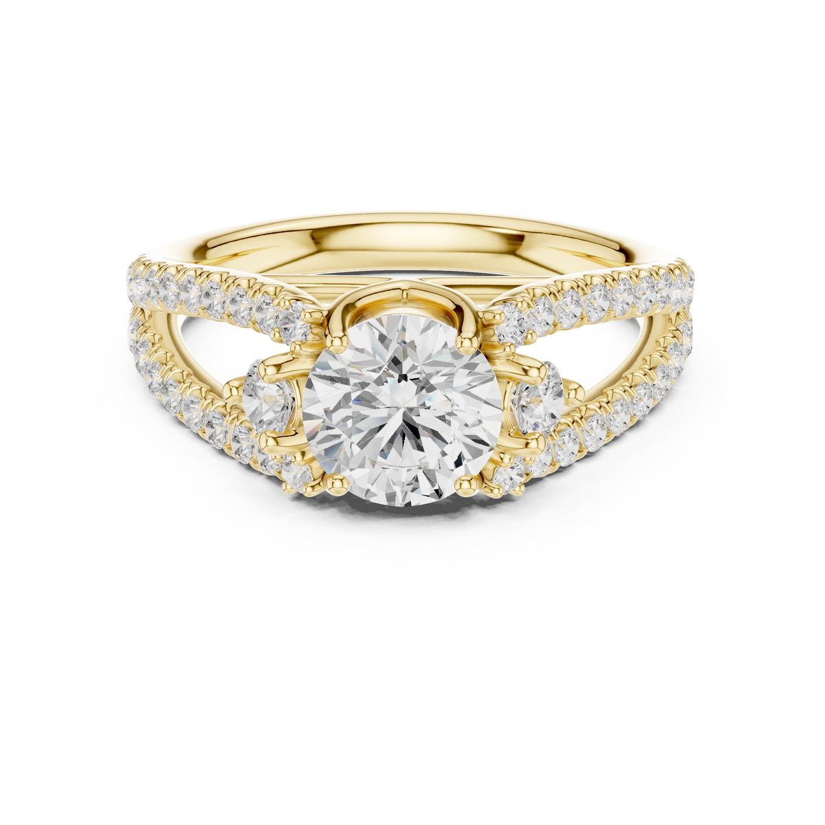 Round Cut Three-Stone Diamond Split Pave Shank Engagement Ring