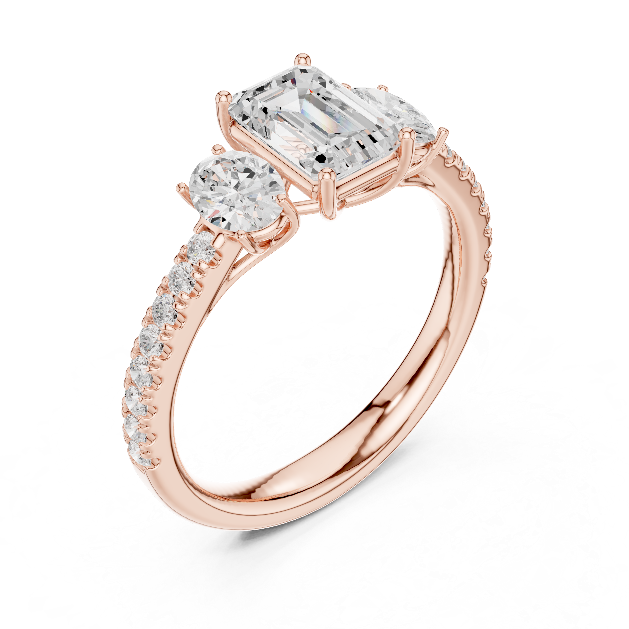 Emerald Cut Three Stone Diamond Engagement Ring with Pave Band