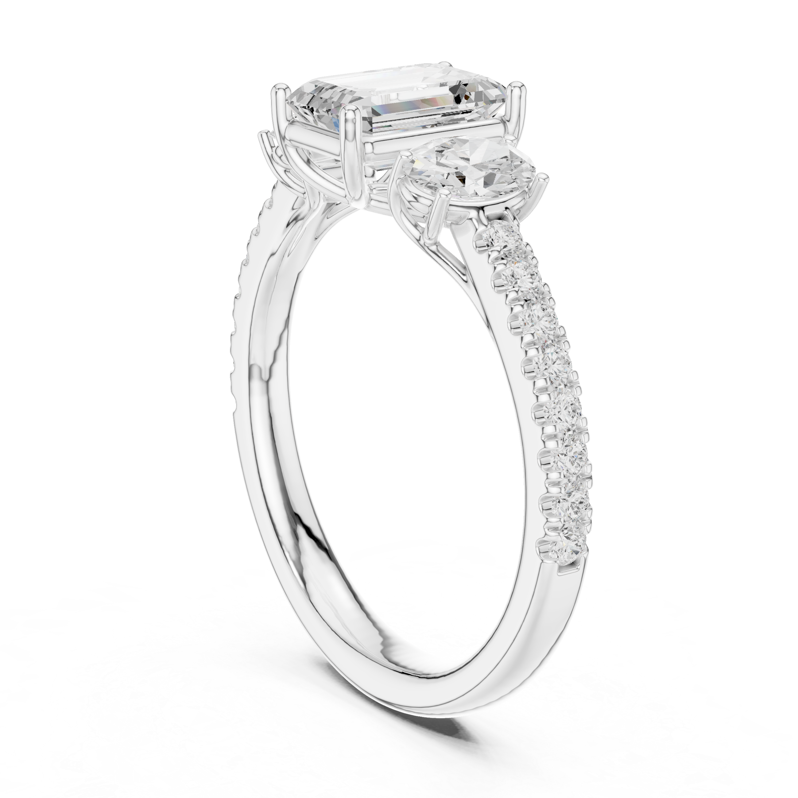 Emerald Cut Three Stone Diamond Engagement Ring with Pave Band