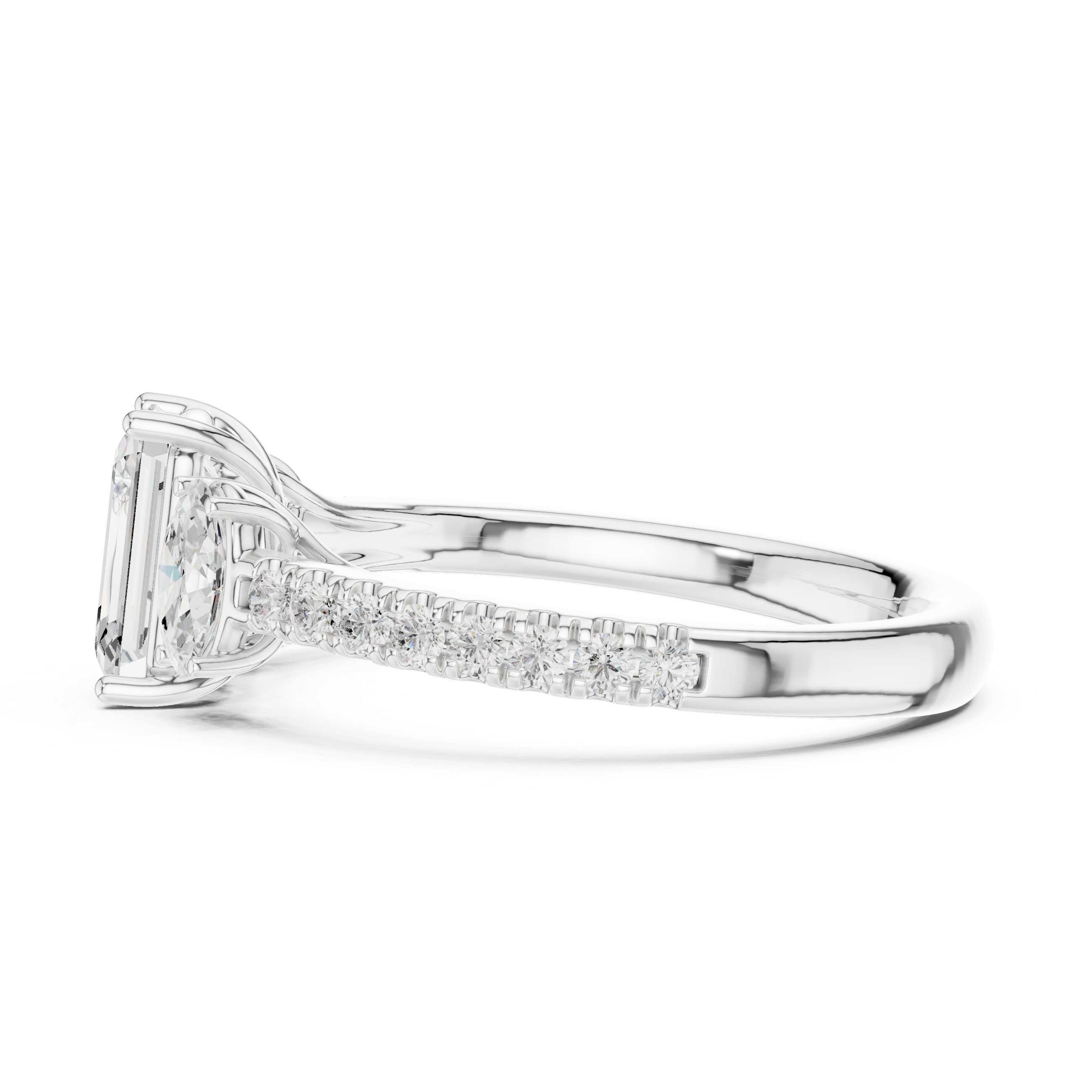 Emerald Cut Three Stone Diamond Engagement Ring with Pave Band