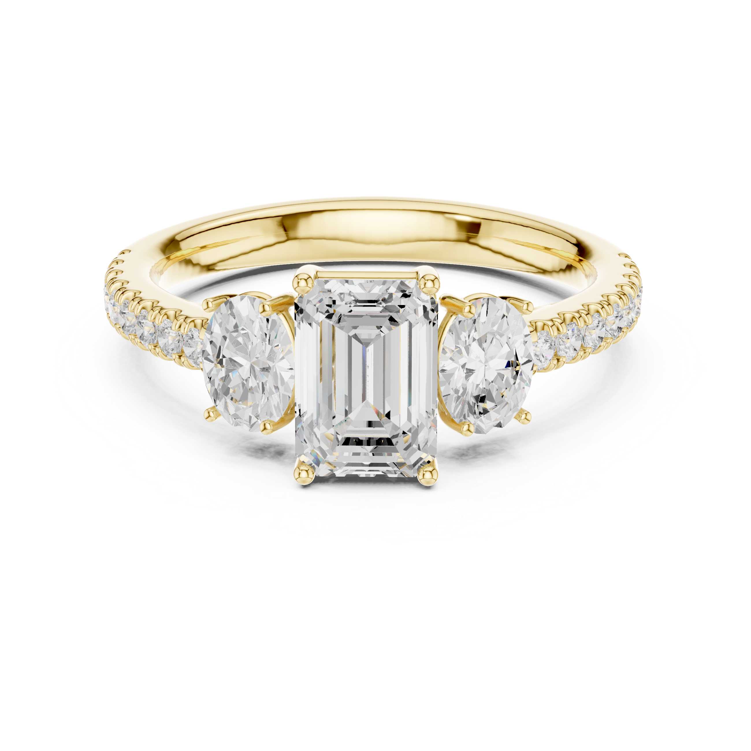 Emerald Cut Three Stone Diamond Engagement Ring with Pave Band