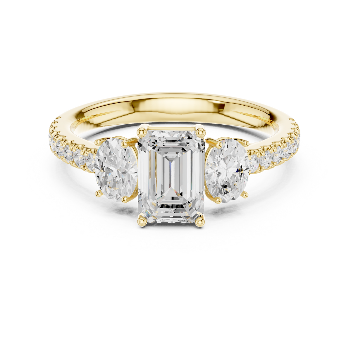 Emerald Cut Three Stone Diamond Engagement Ring with Pave Band